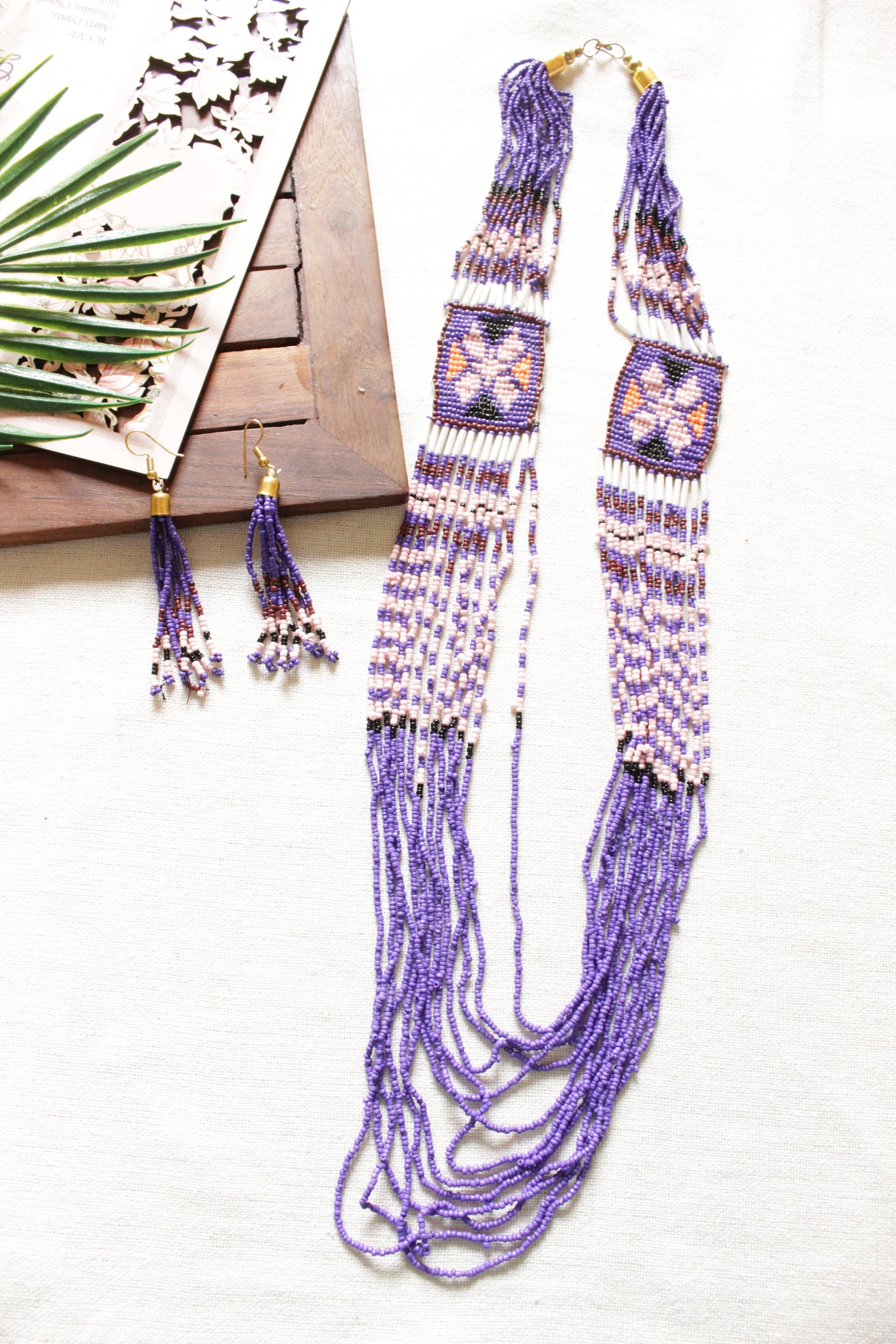 Hand Braided Purple and White Seed Beads Beaded Necklace
