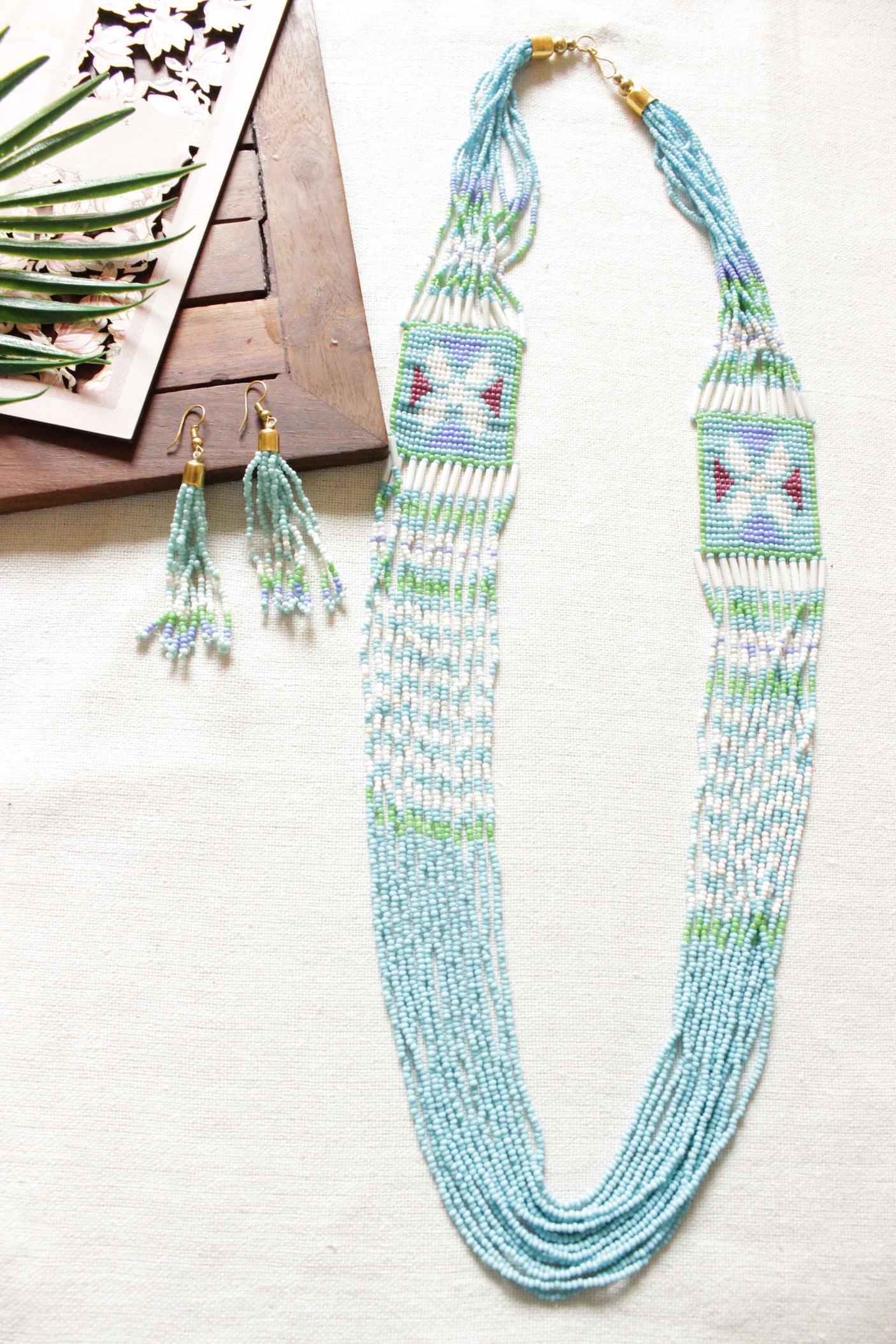 Sea Blue and White Seed Beads Handmade Beaded Necklace