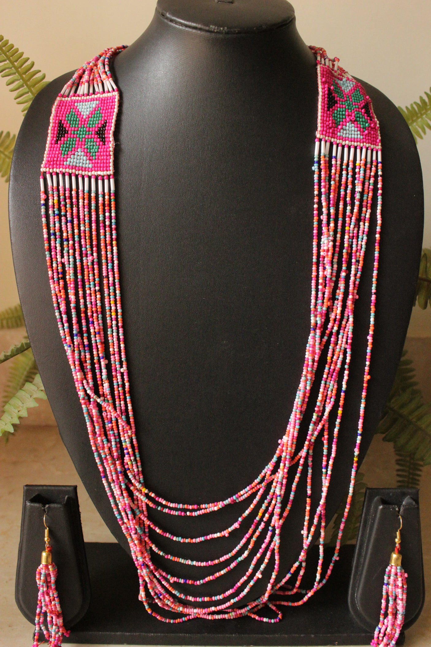 Fuchsia and Multi-Color Seed Beads Handmade Beaded Necklace