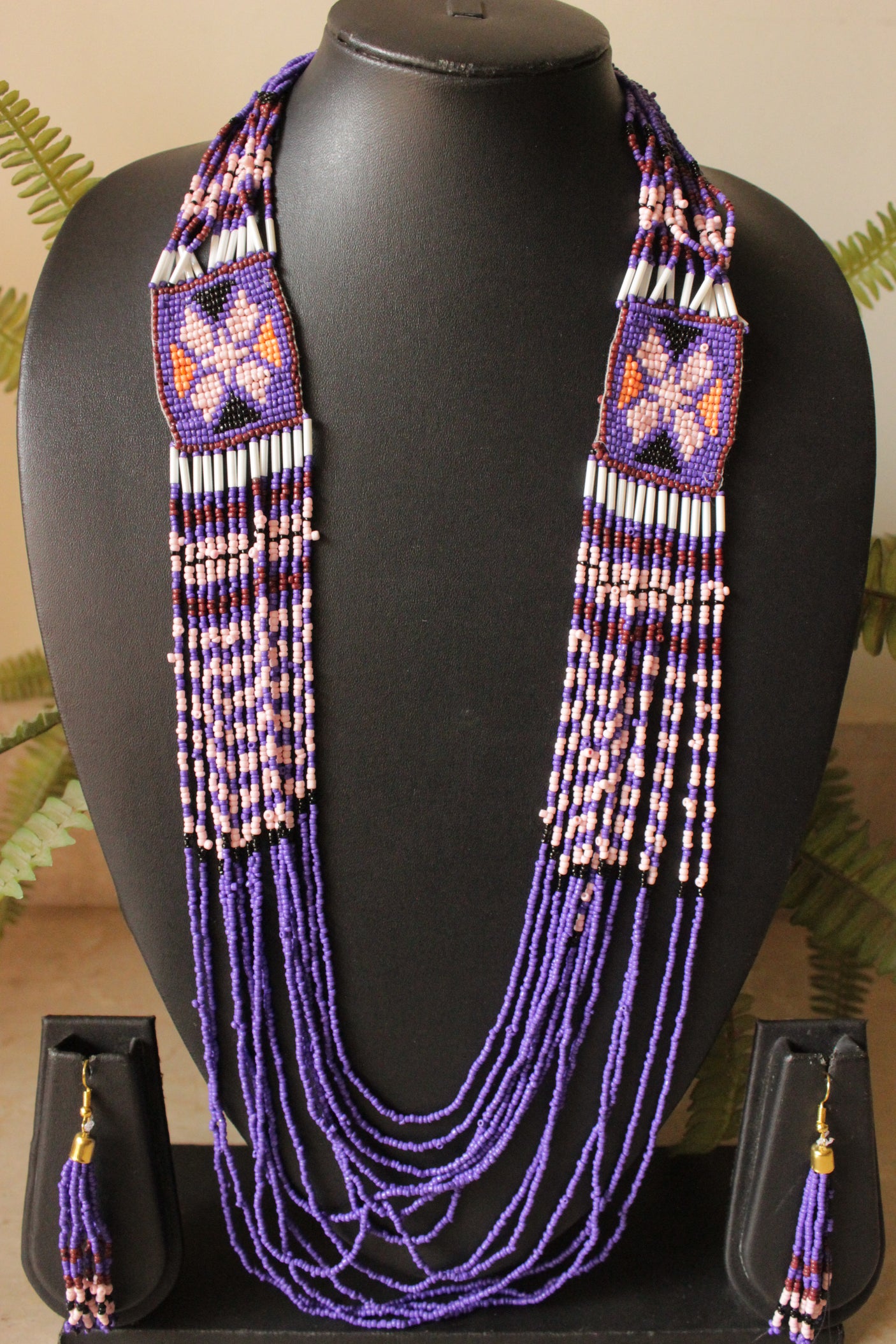Hand Braided Purple and White Seed Beads Beaded Necklace