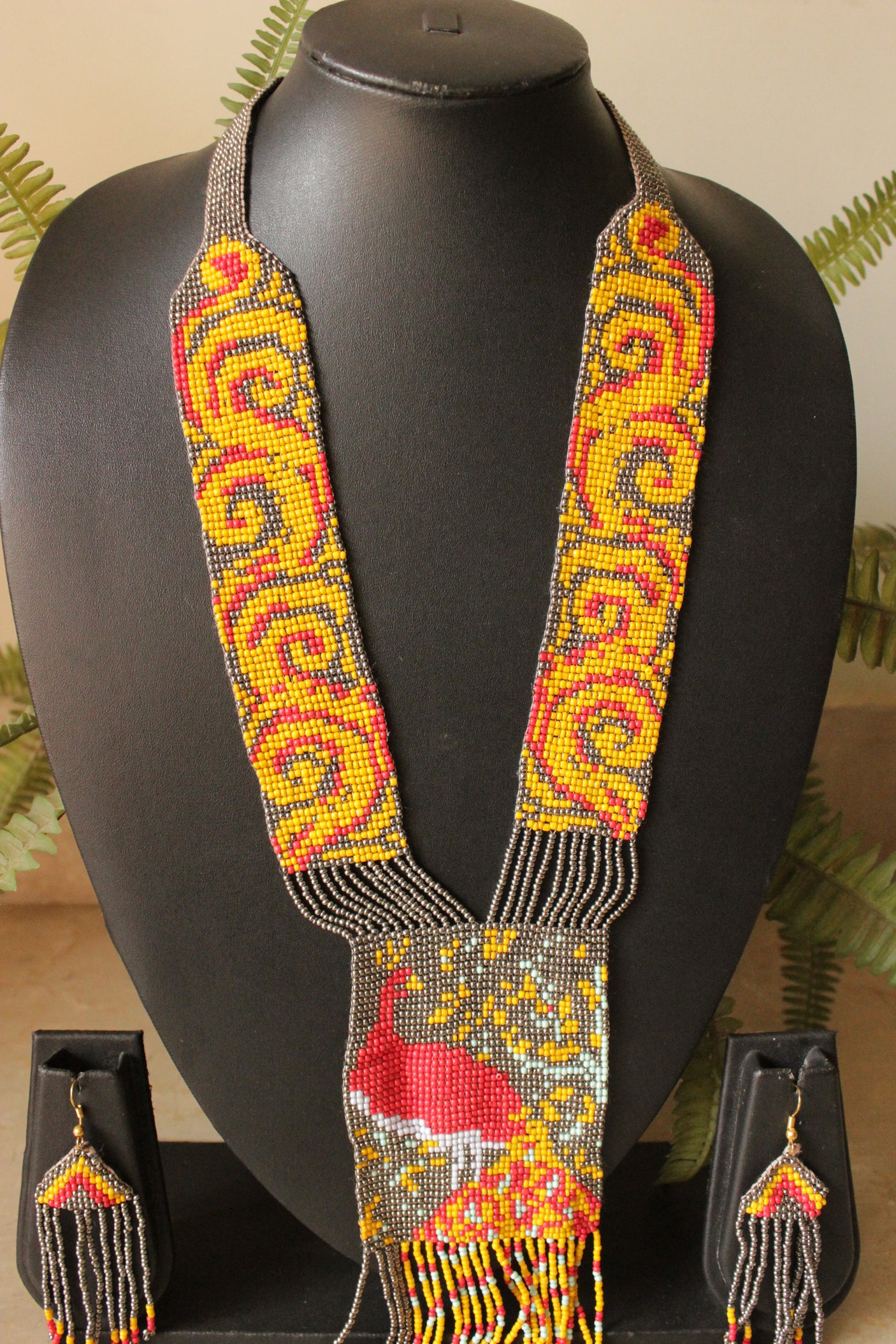 Yellow and Red Peacock Motif Seed Beads Handmade Beaded Necklace