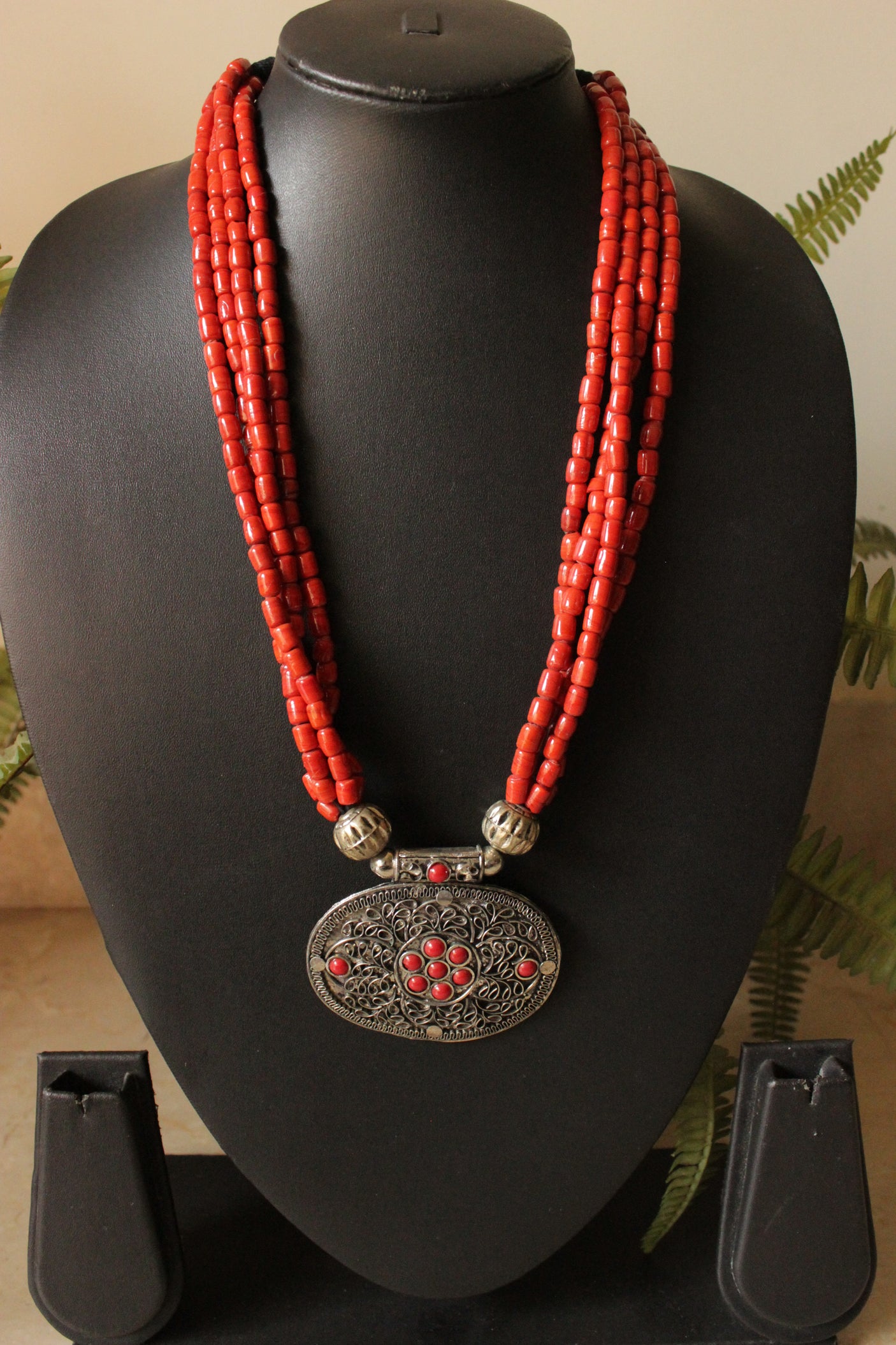 Coral Colored Beads Hand Braided Oxidised Finish Brass Pendant 4 Layer Necklace