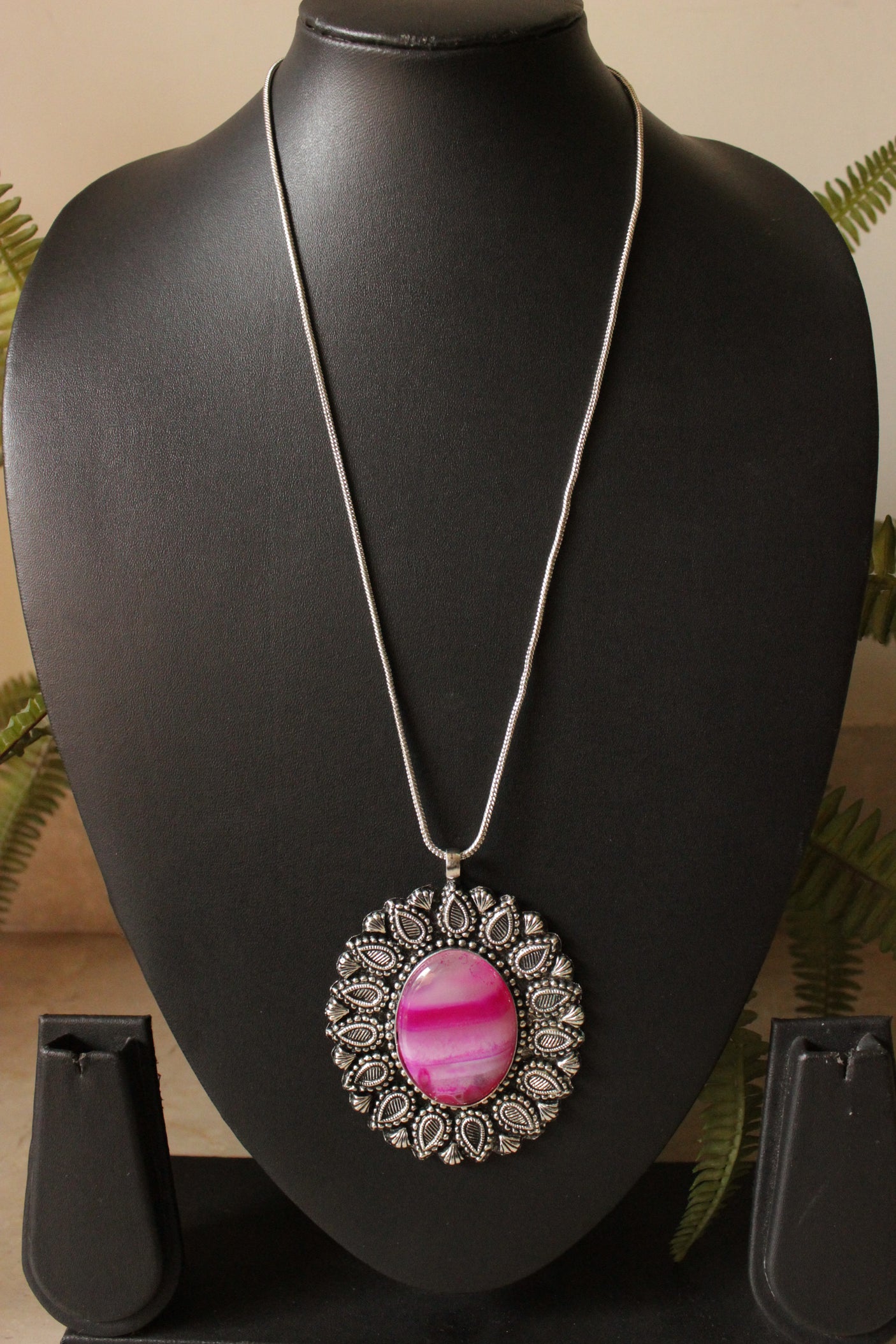 Pink Shaded Natural Gemstone Oxidised Finish Pendant Chain Necklace