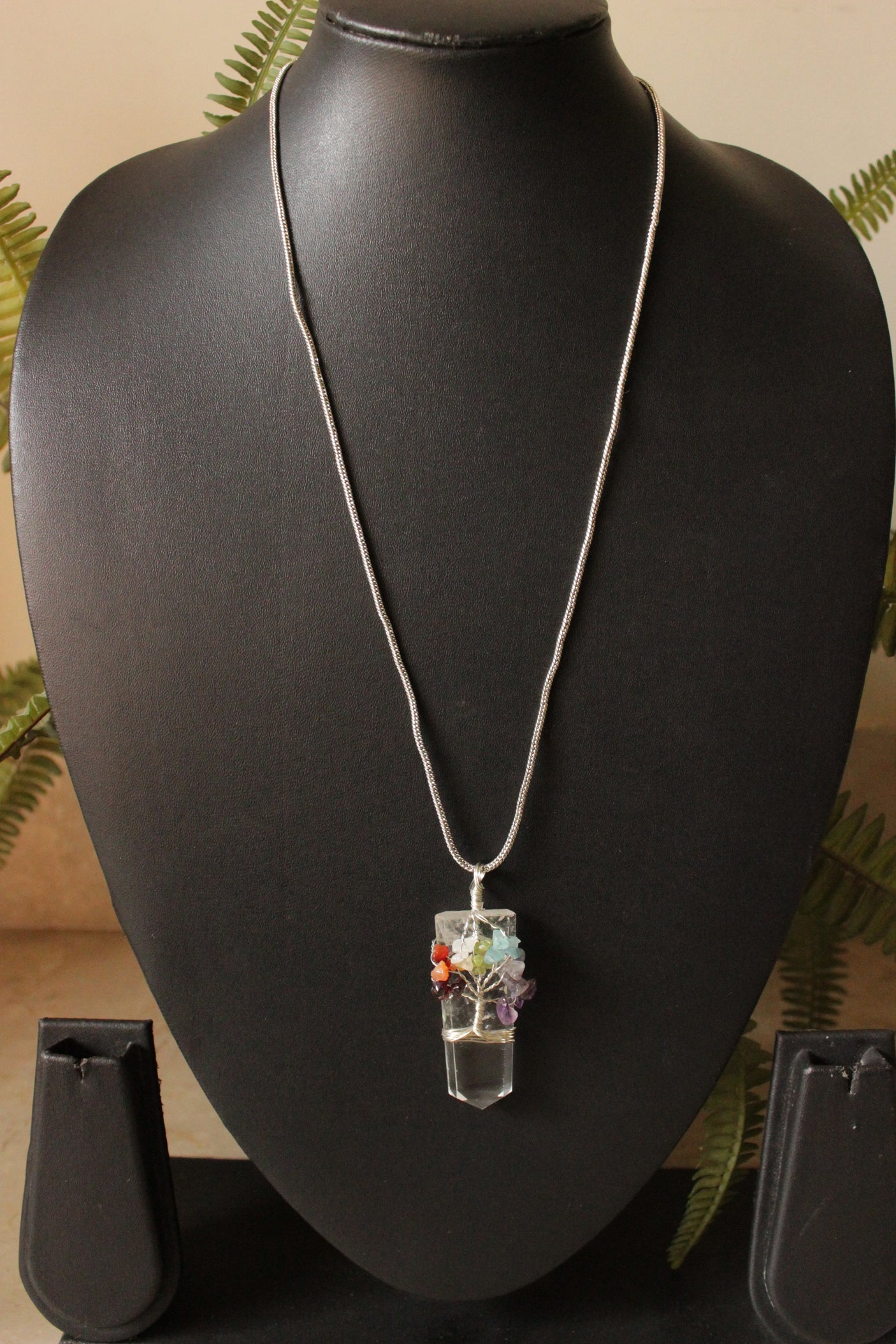 7 Chakra Tree of Life Natural Stone Beads Wrapped on a Natural Cut Glass Stone Pendant Brass Chain Necklace