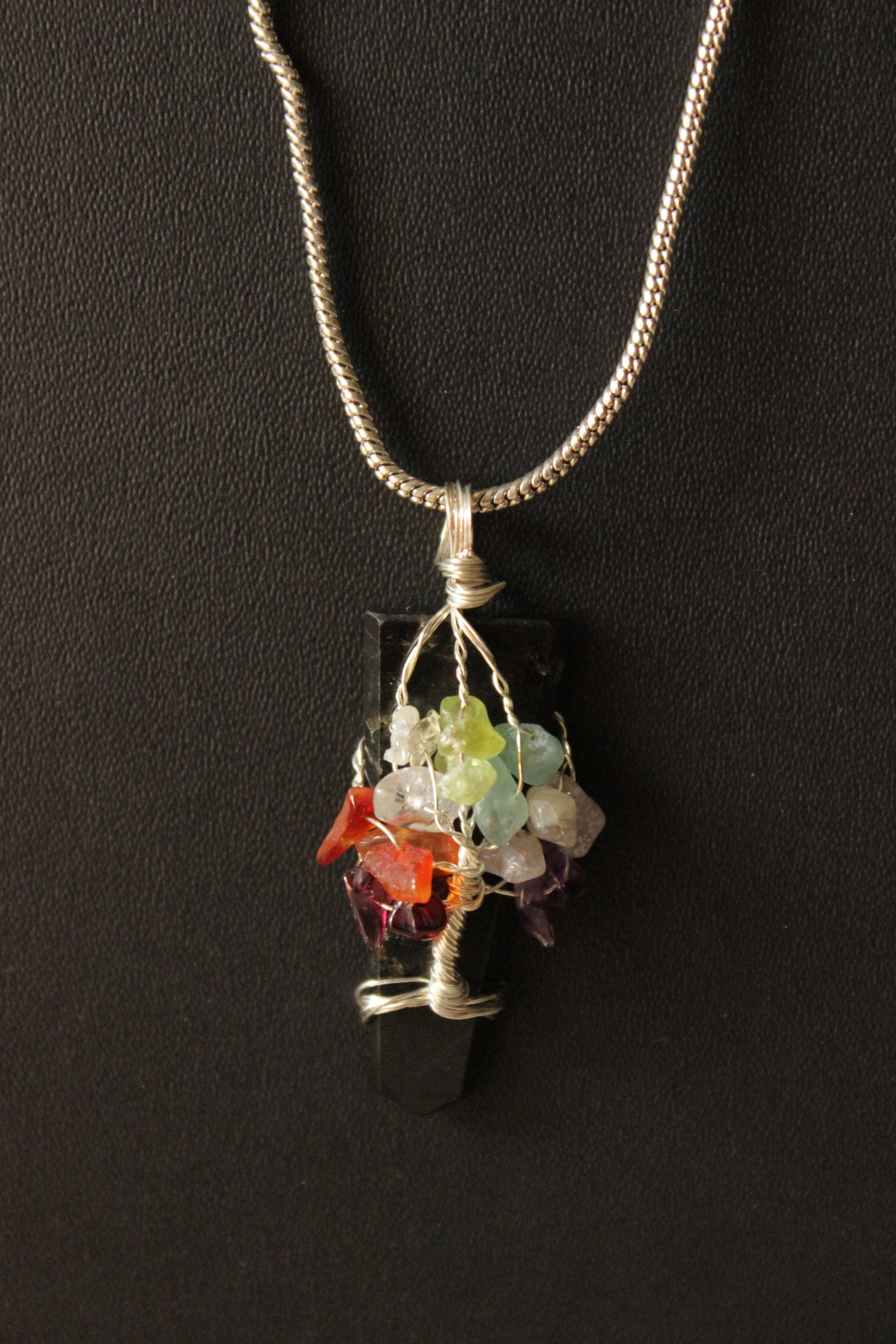 7 Chakra Tree of Life Natural Stone Beads Pendant Wrapped on a Natural Cut Stone Brass Chain Necklace