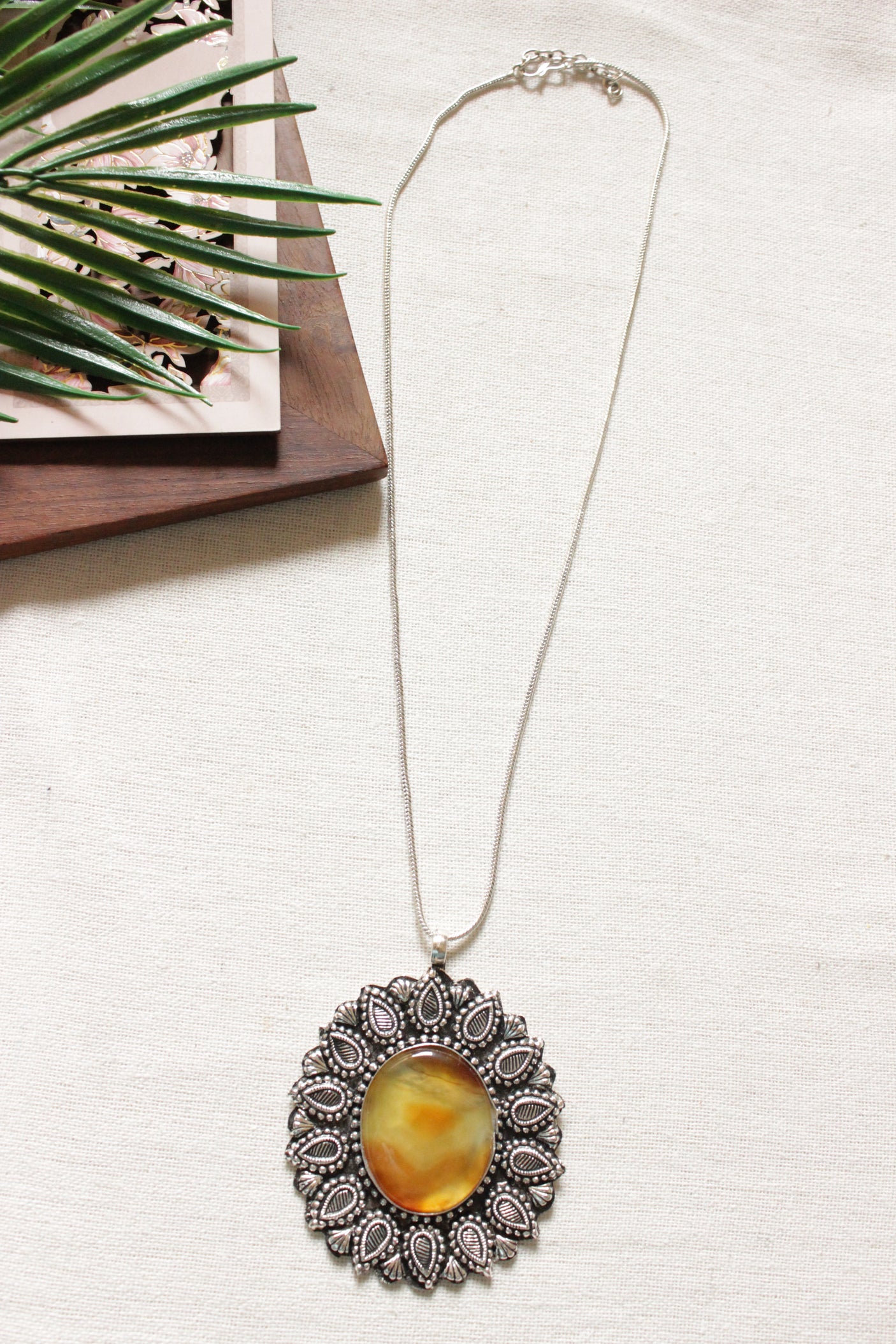 Sun Yellow Shaded Natural Gemstone Oxidised Finish Pendant Chain Necklace