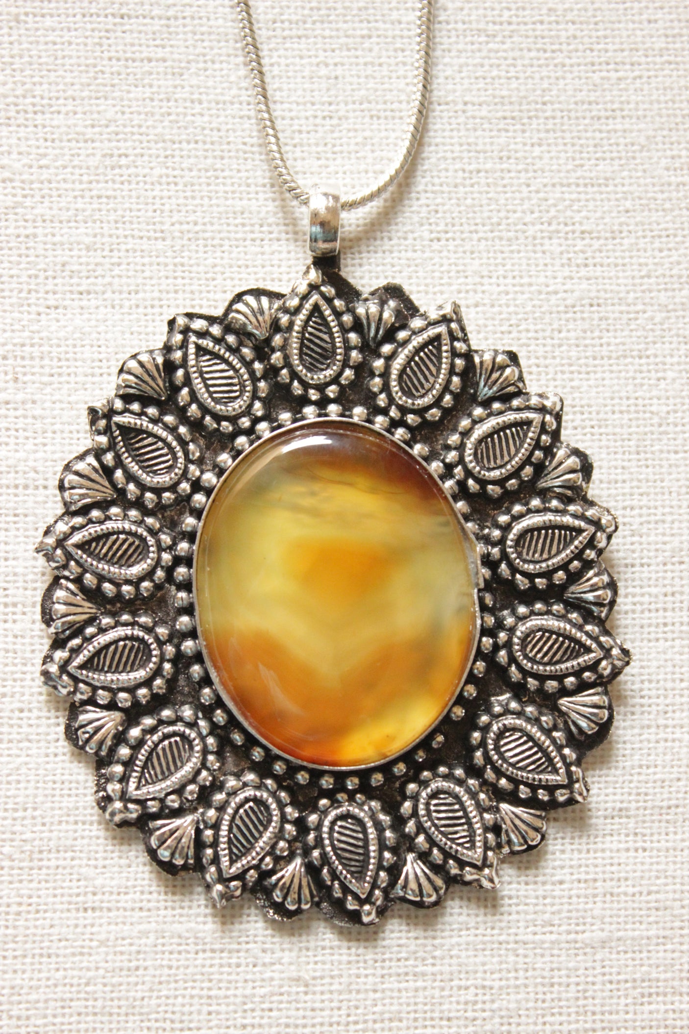Sun Yellow Shaded Natural Gemstone Oxidised Finish Pendant Chain Necklace