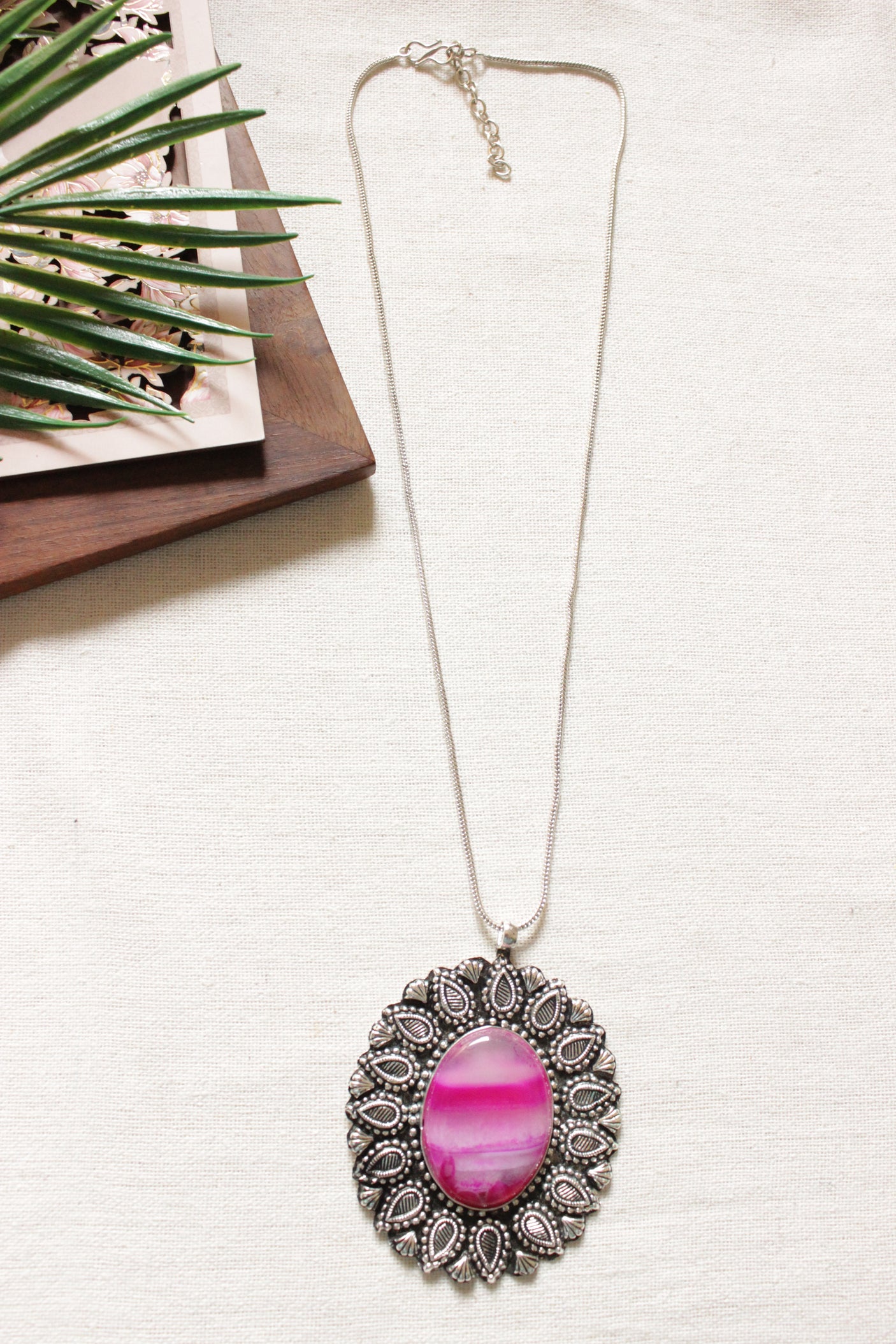 Pink Shaded Natural Gemstone Oxidised Finish Pendant Chain Necklace