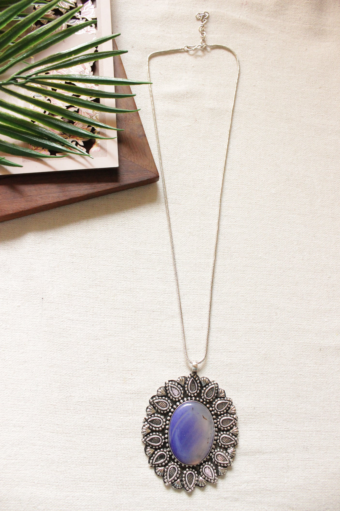 Blue and White Shaded Natural Gemstone Oxidised Finish Pendant Chain Necklace