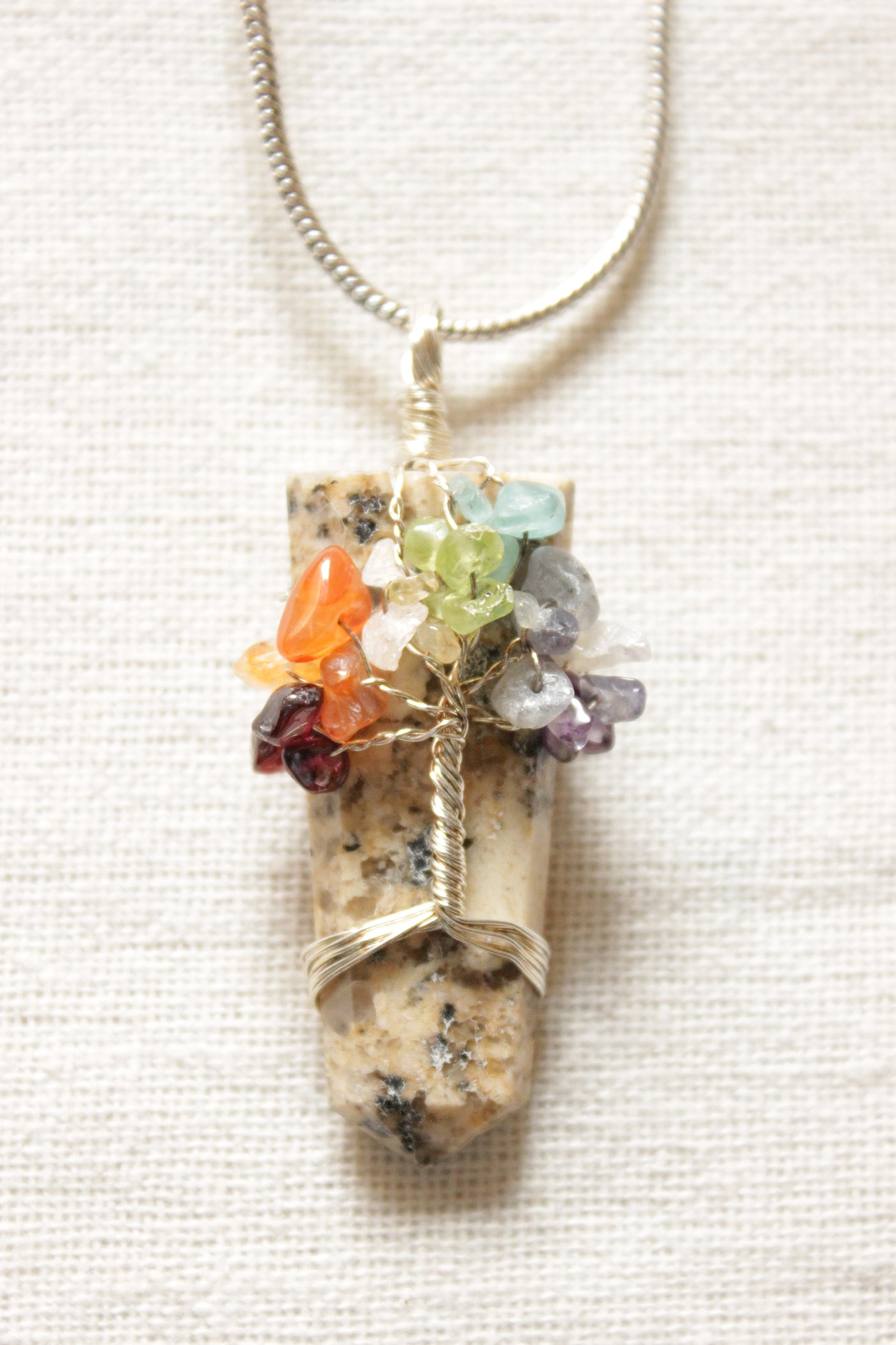 7 Chakra Tree of Life Natural Stone Beads Pendant Brass Chain Necklace