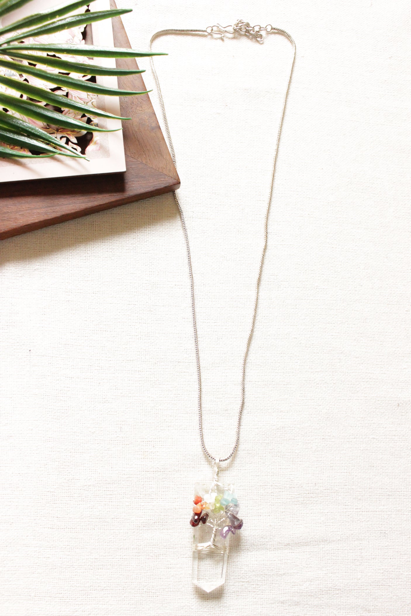 7 Chakra Tree of Life Natural Stone Beads Wrapped on a Natural Cut Glass Stone Pendant Brass Chain Necklace