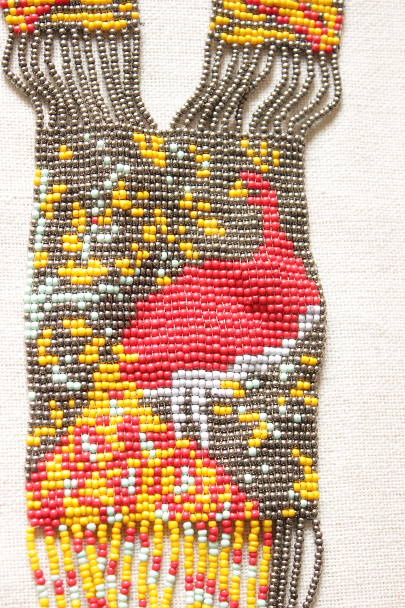 Yellow and Red Peacock Motif Seed Beads Handmade Beaded Necklace