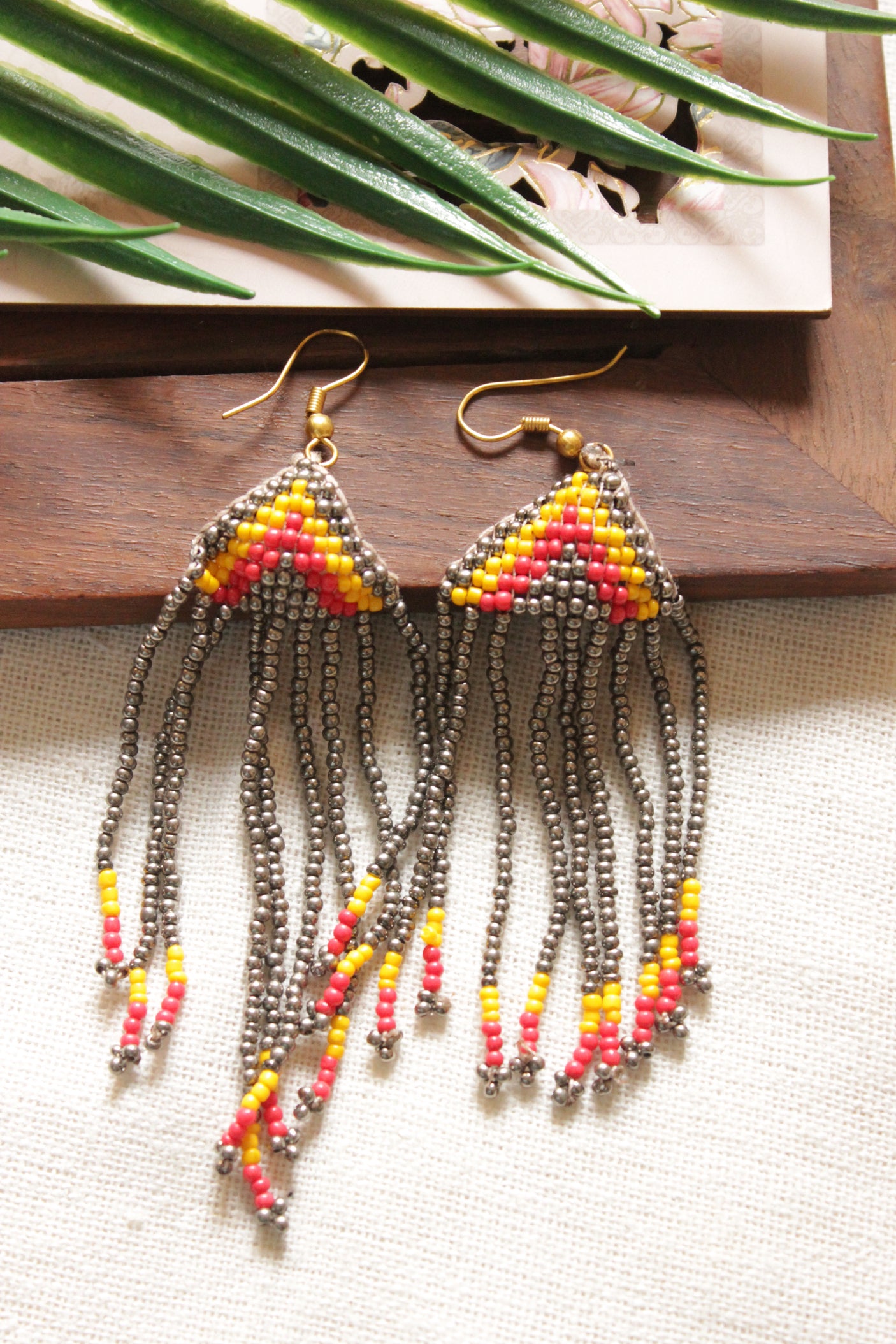 Yellow and Red Peacock Motif Seed Beads Handmade Beaded Necklace