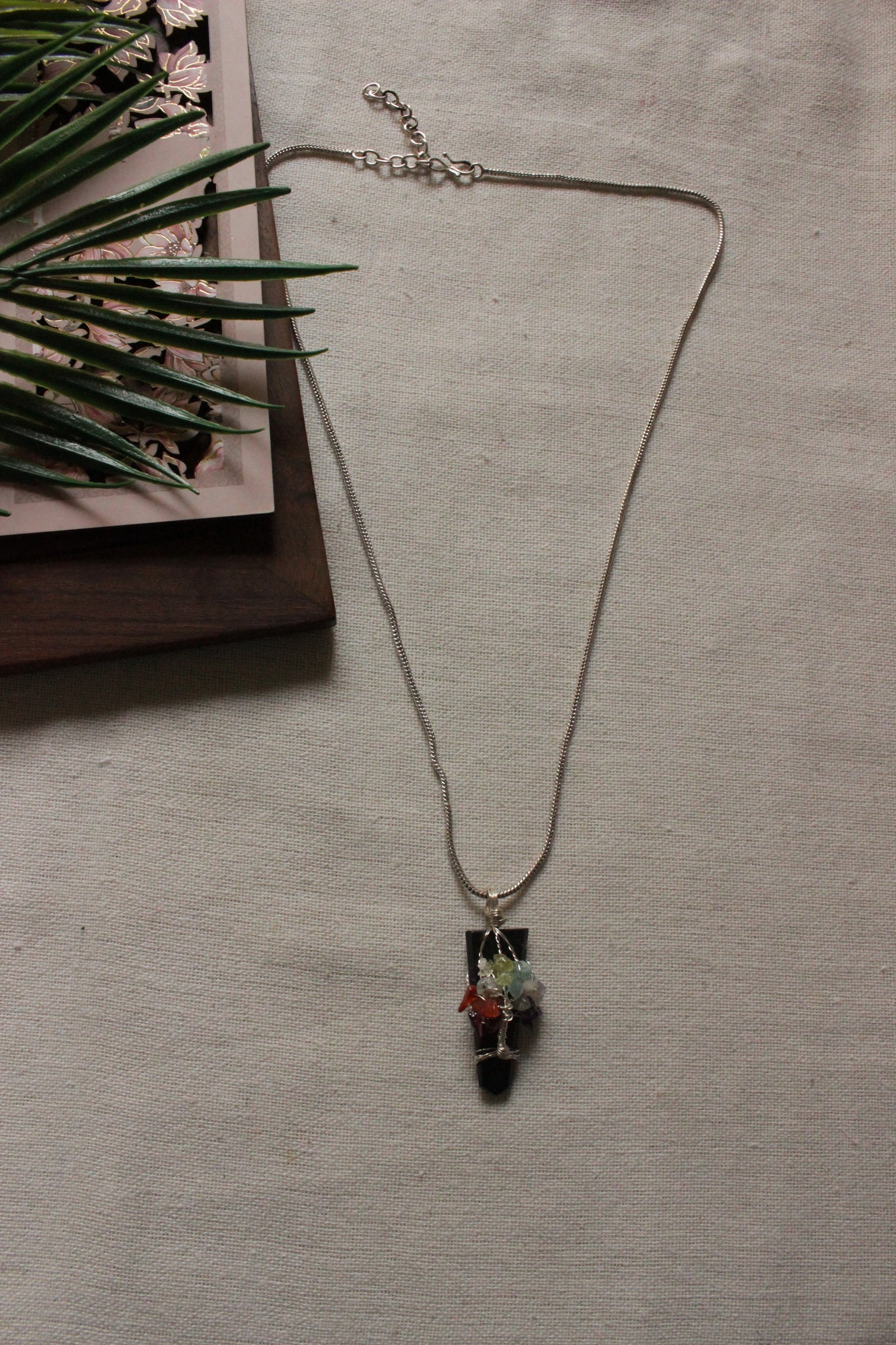 7 Chakra Tree of Life Natural Stone Beads Pendant Wrapped on a Natural Cut Stone Brass Chain Necklace