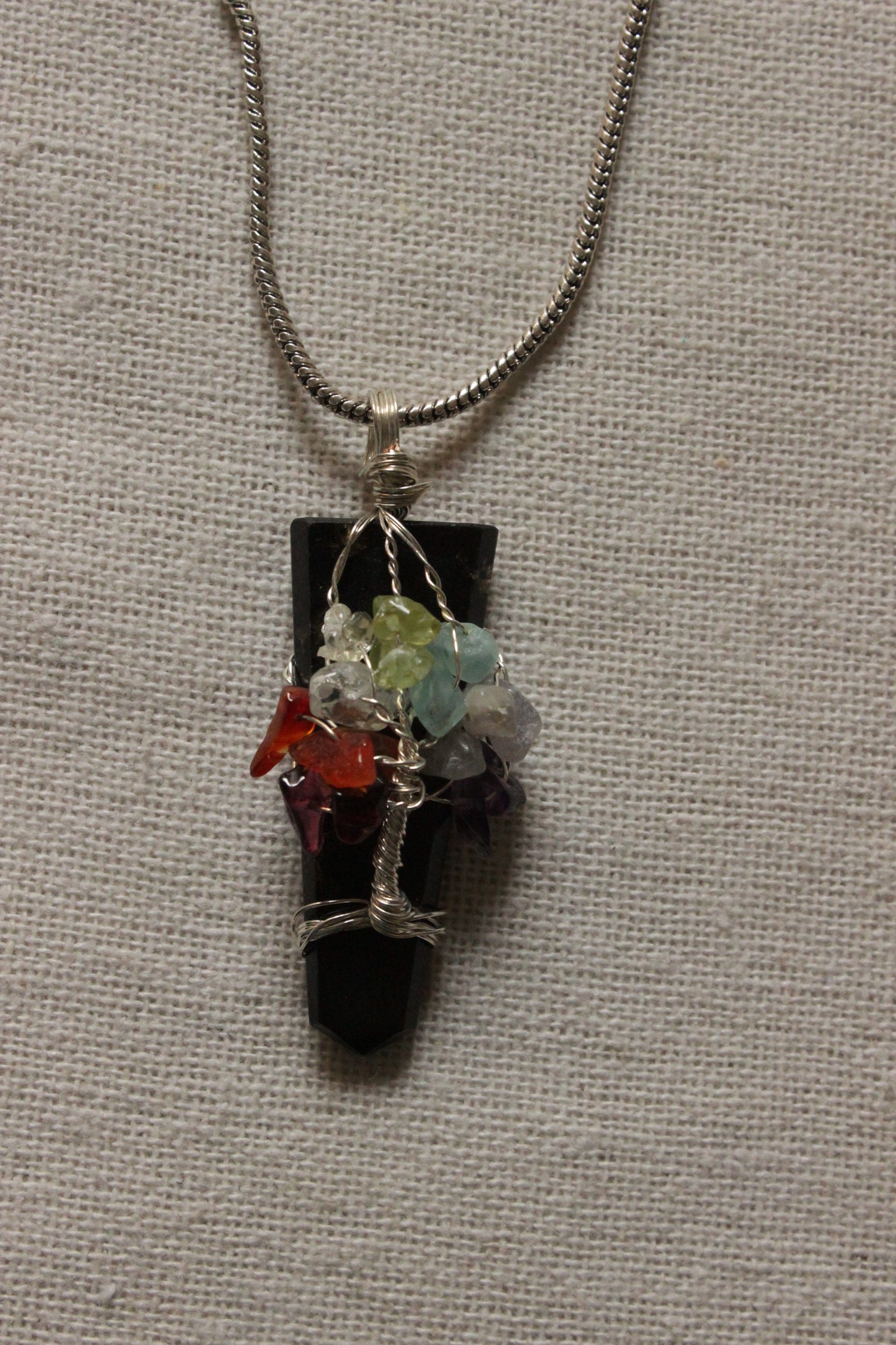 7 Chakra Tree of Life Natural Stone Beads Pendant Wrapped on a Natural Cut Stone Brass Chain Necklace