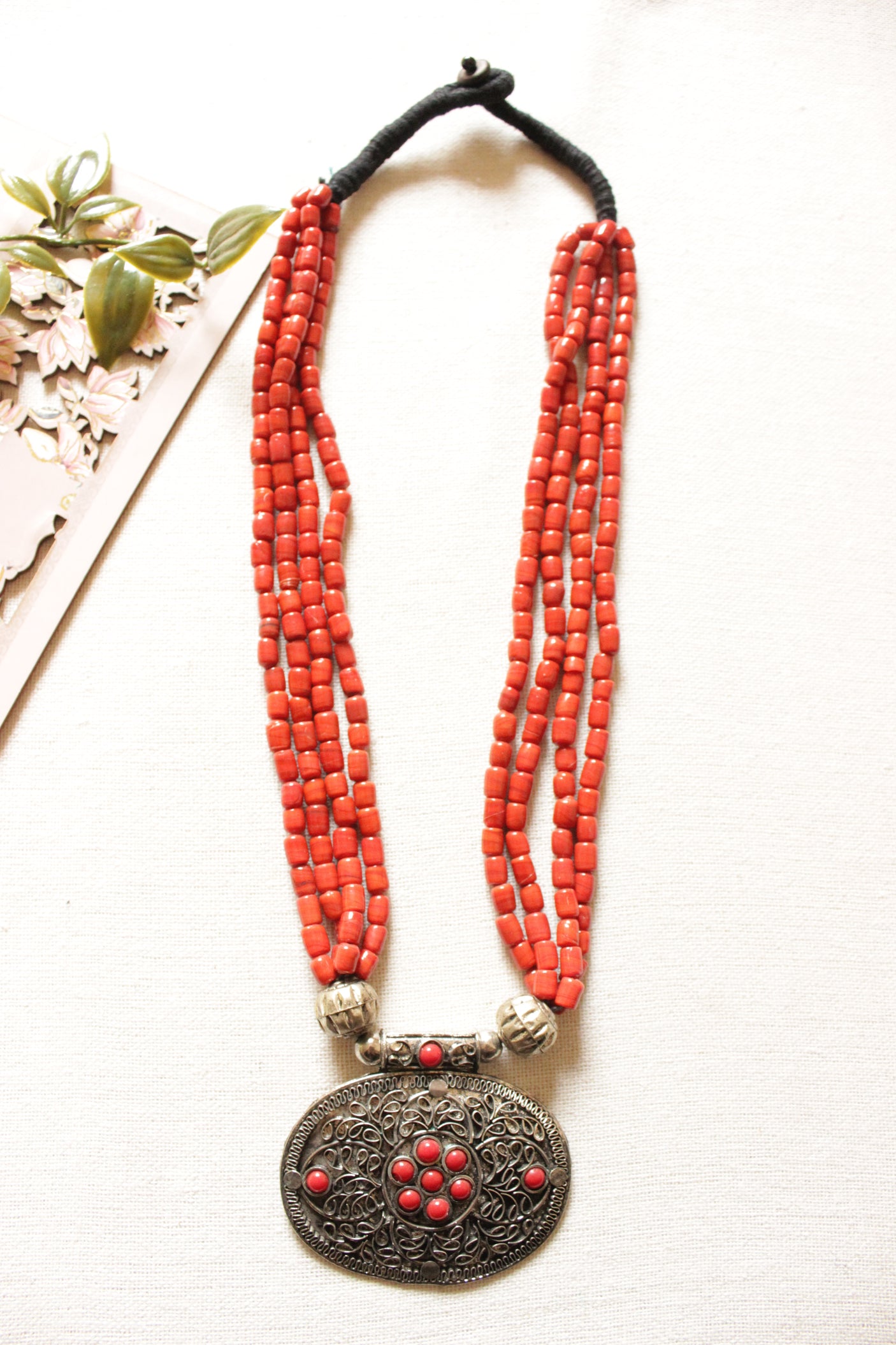 Coral Colored Beads Hand Braided Oxidised Finish Brass Pendant 4 Layer Necklace