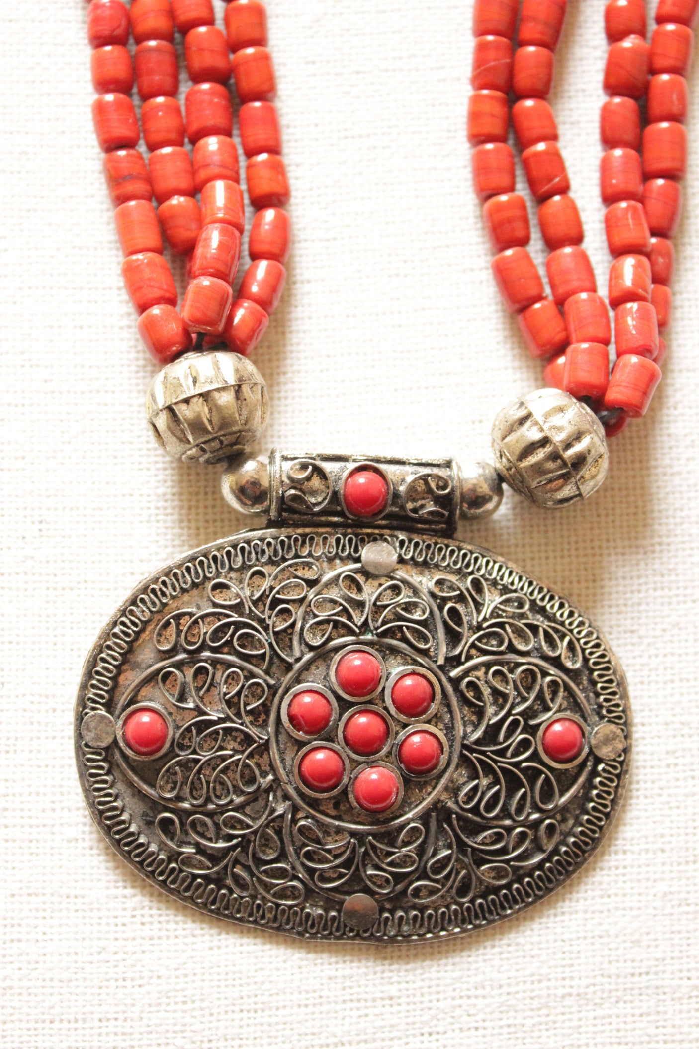 Coral Colored Beads Hand Braided Oxidised Finish Brass Pendant 4 Layer Necklace