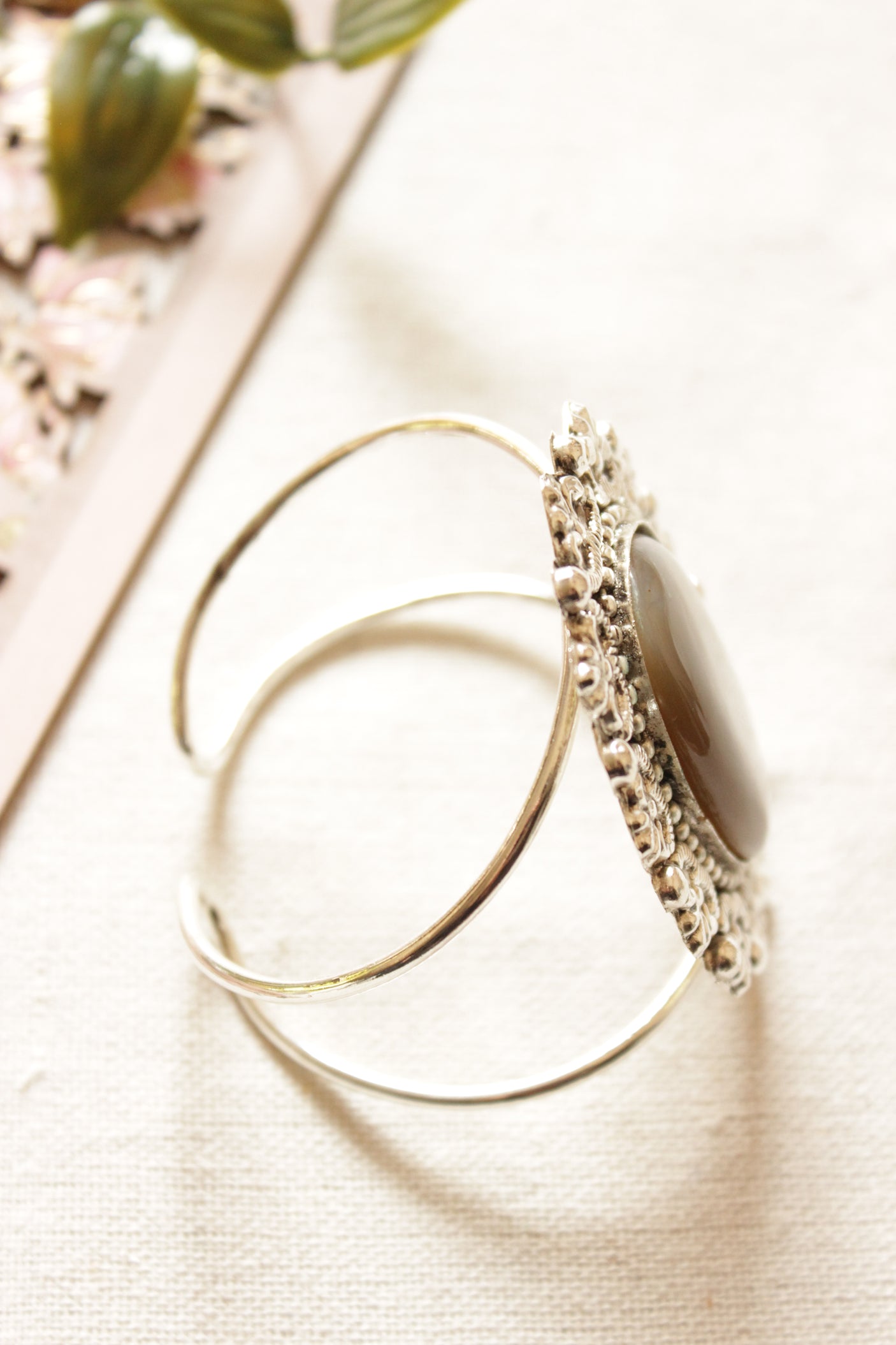 Brown Onyx Stone Embedded Oxidised Finish Adjustable Bracelet