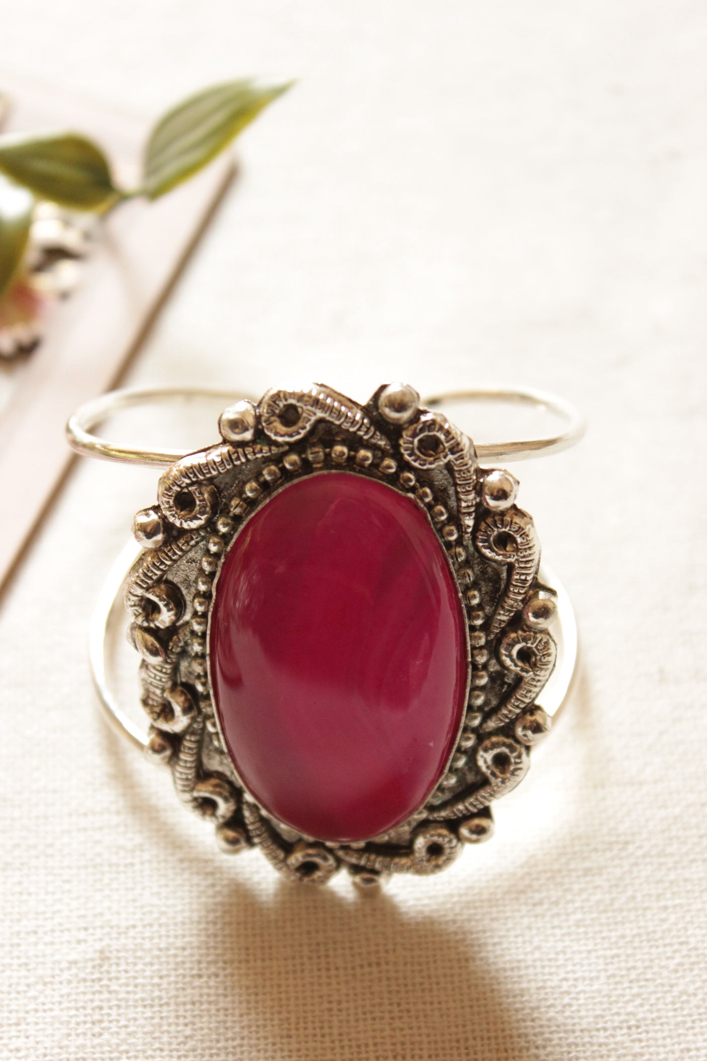 Fuchsia Onyx Stone Embedded Oxidised Finish Adjustable Bracelet