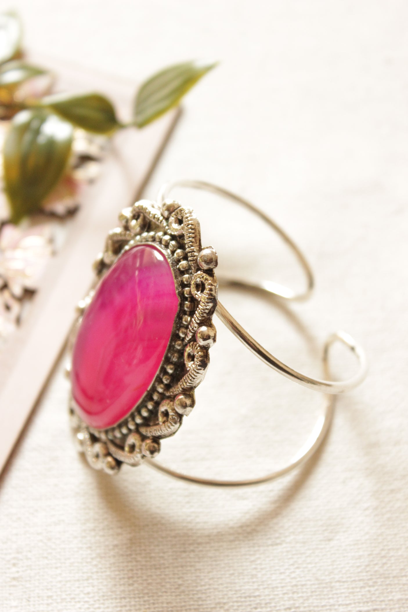 Fuchsia Onyx Stone Embedded Oxidised Finish Adjustable Bracelet