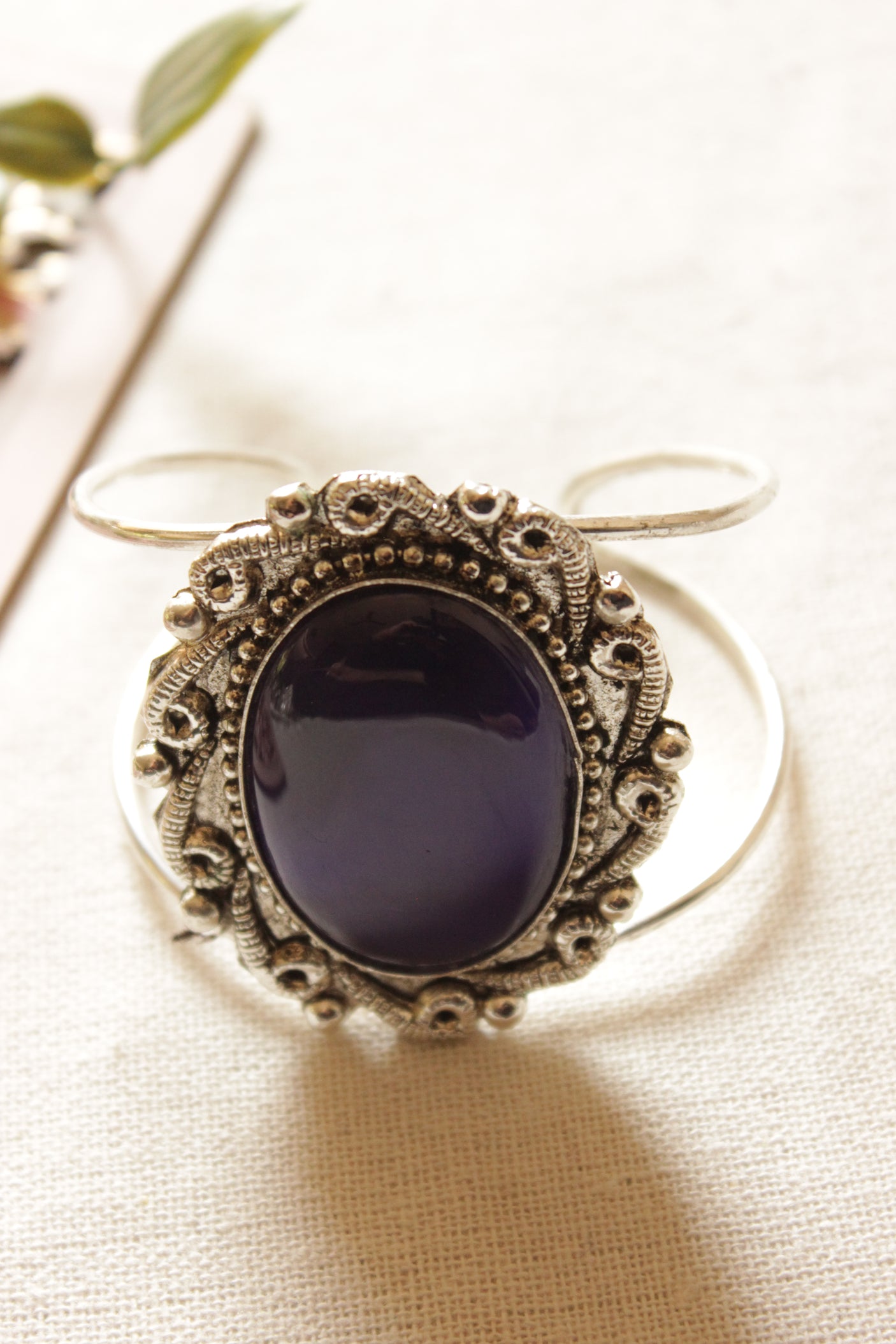 Violet Onyx Stone Embedded Oxidised Finish Adjustable Bracelet