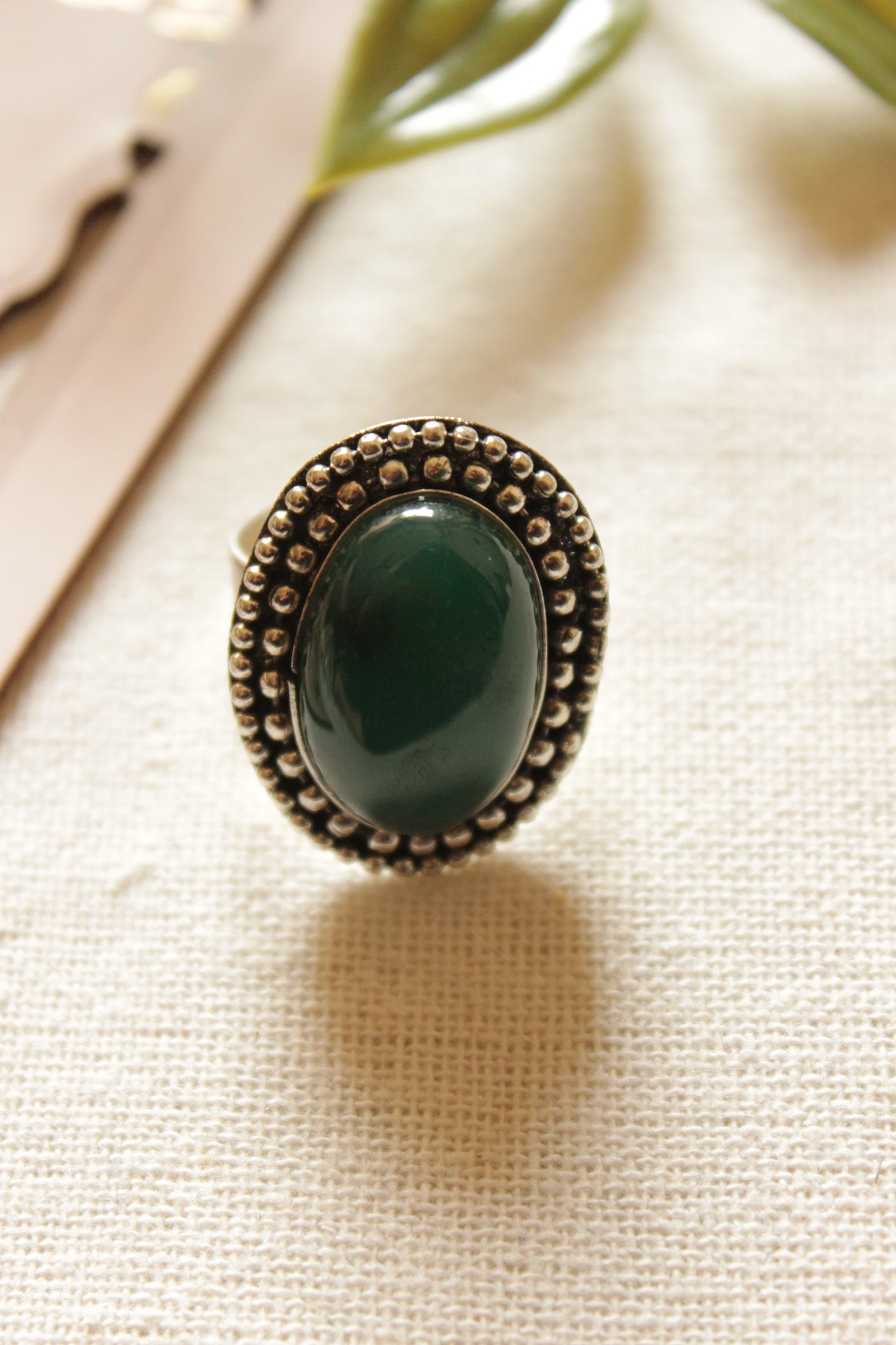 Green Natural Gemstone Embedded Oxidised Finish Finger Ring