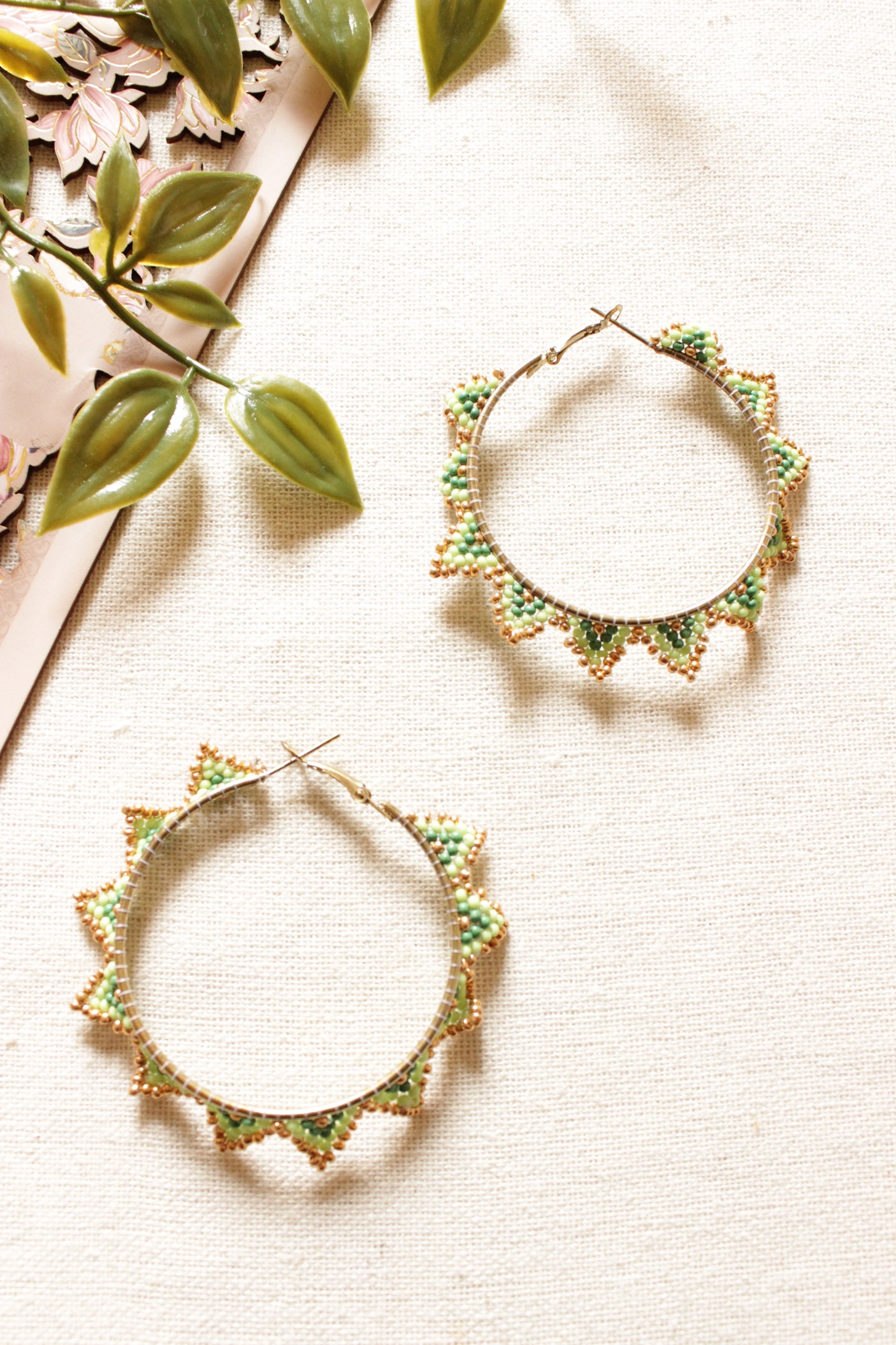 Shades of Green and Gold Seed Beads Handmade Beaded Hoop Earrings