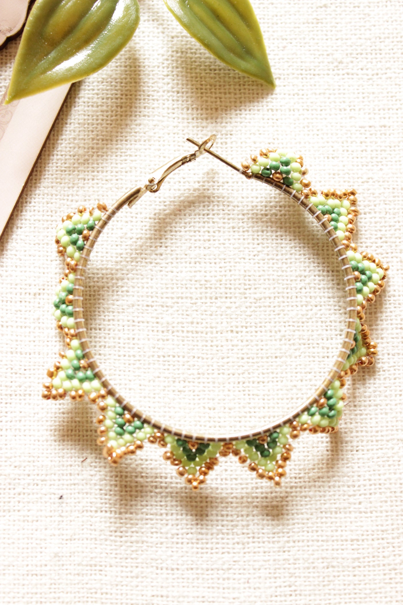 Shades of Green and Gold Seed Beads Handmade Beaded Hoop Earrings
