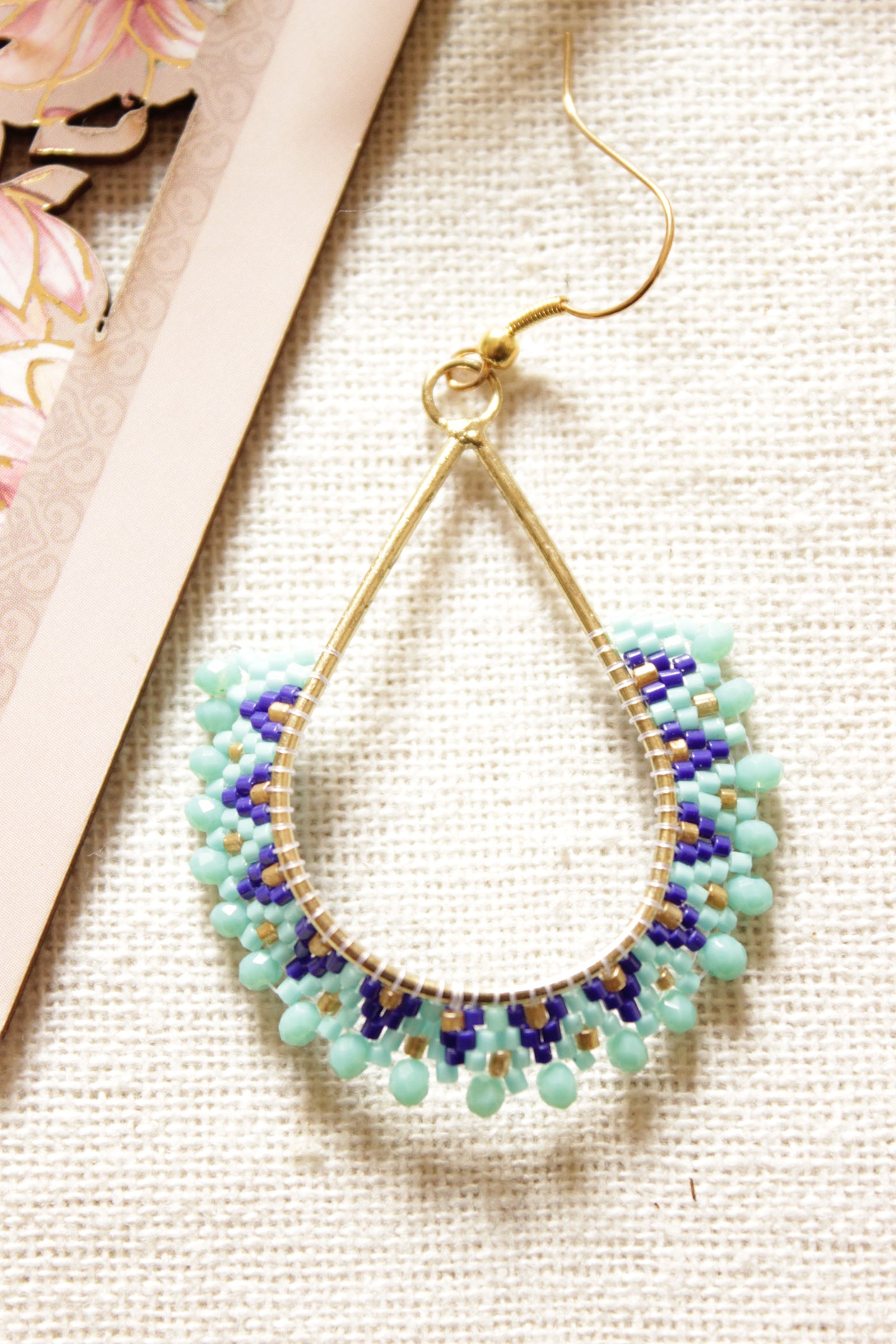 Shades of Blue and Gold Seed Beads Handmade Beaded Tear Drop Earrings