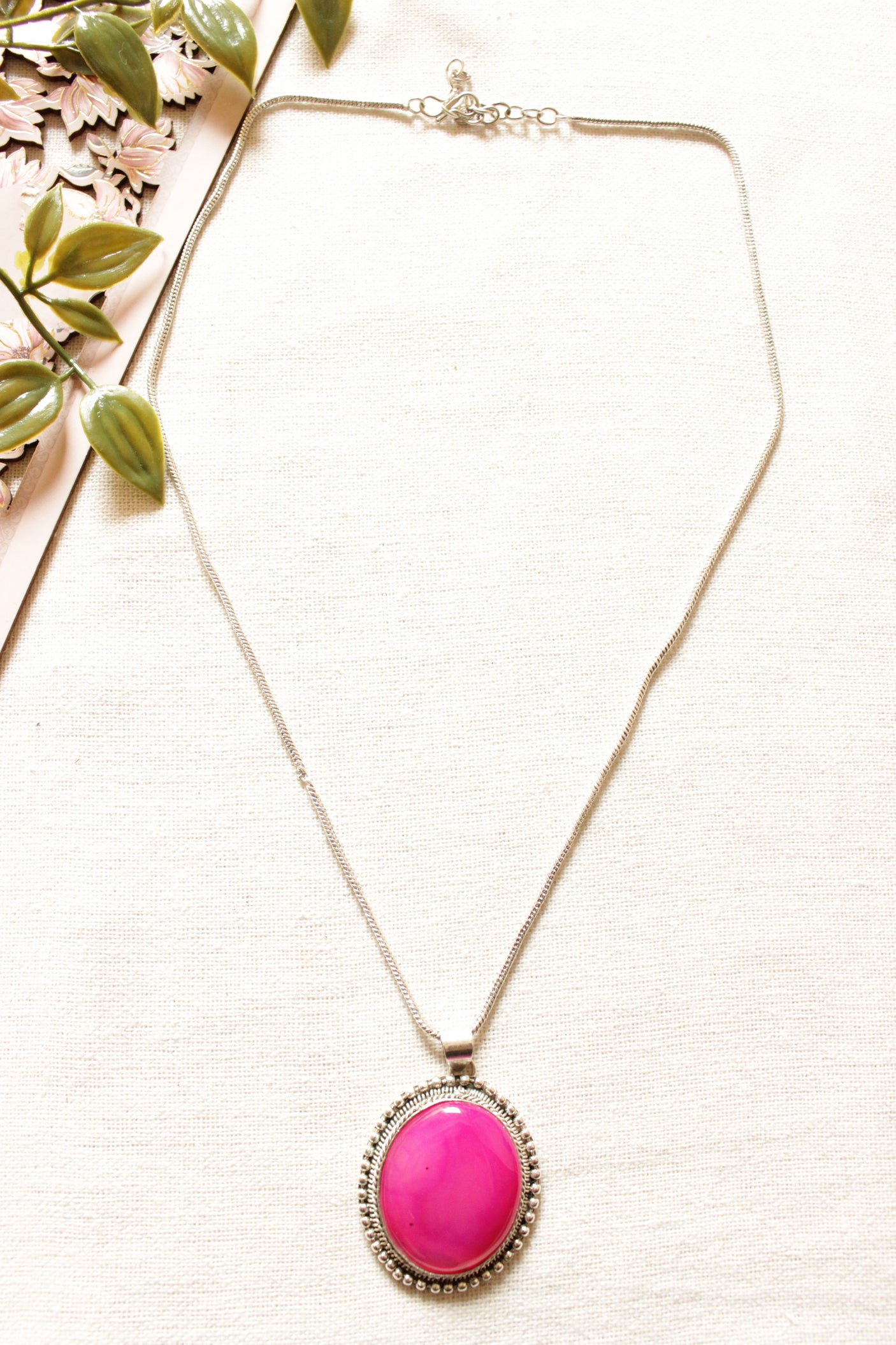 Fuchsia Natural Gemstone Embedded Silver Finish Chain Necklace