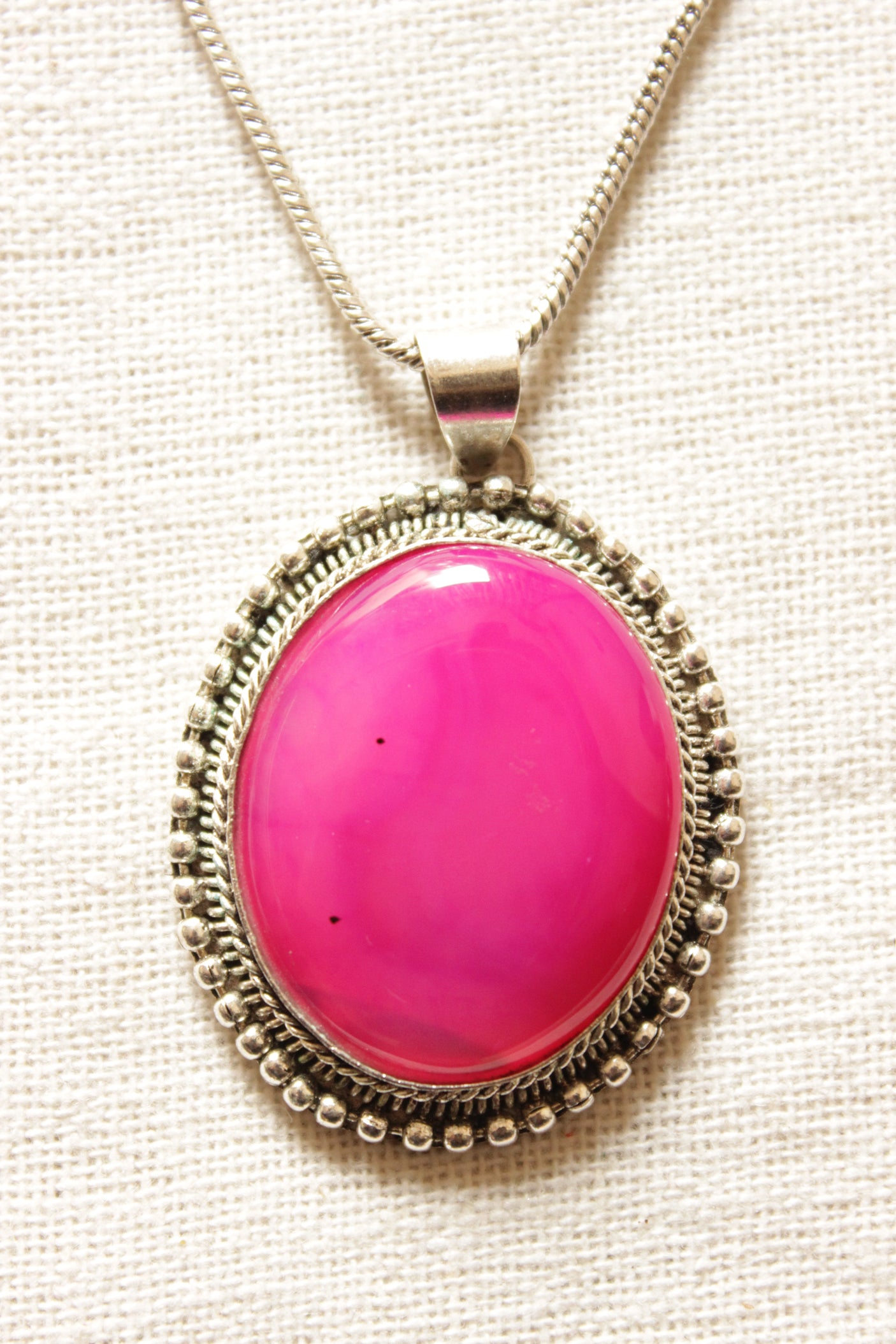 Fuchsia Natural Gemstone Embedded Silver Finish Chain Necklace