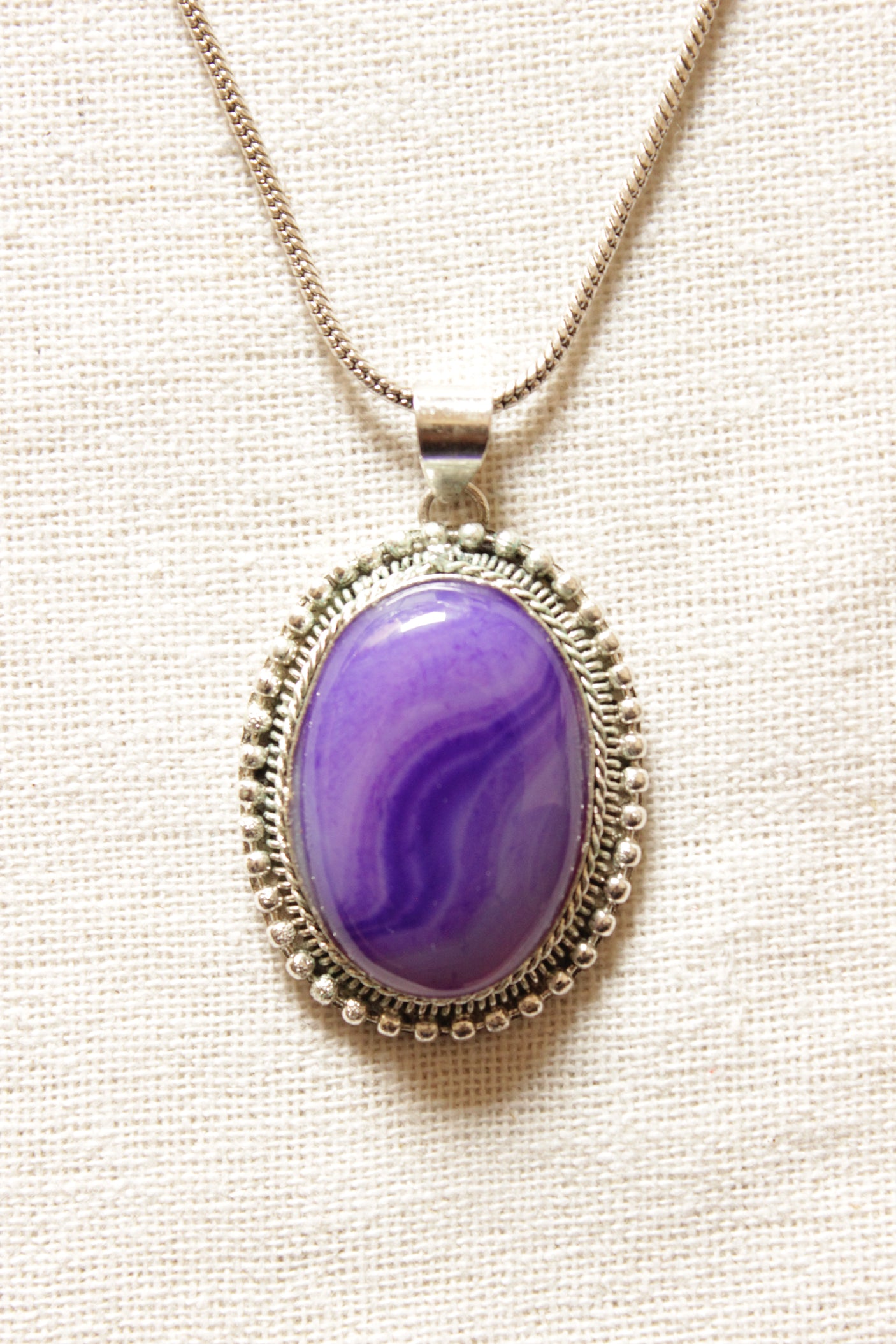 Purple Shaded Natural Gemstone Embedded Silver Finish Chain Necklace