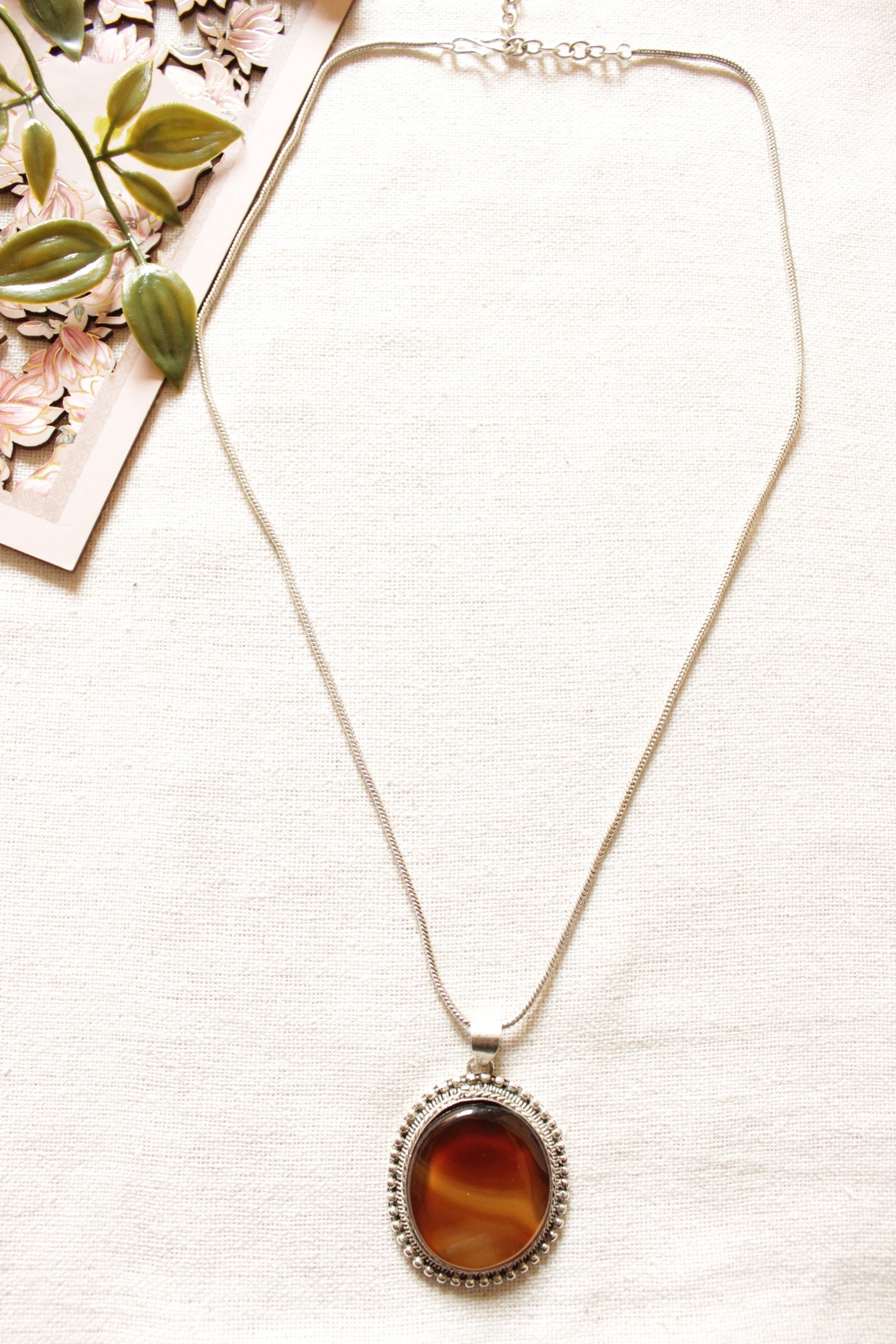 Shades of Brown Natural Gemstone Embedded Silver Finish Chain Necklace