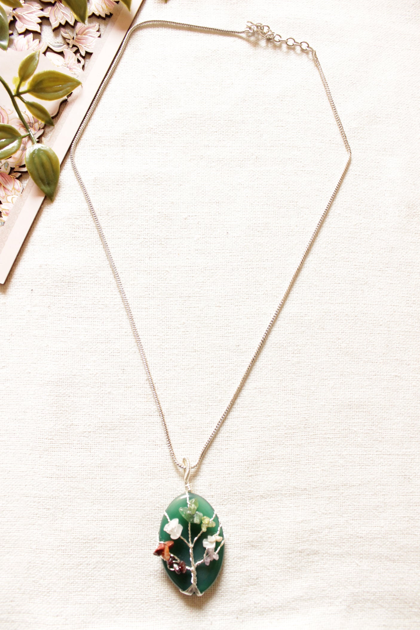 7 Chakra Tree of Life Natural Stone Beads Wrapped on Sea Green Natural Gemstone Pendant Brass Chain Necklace