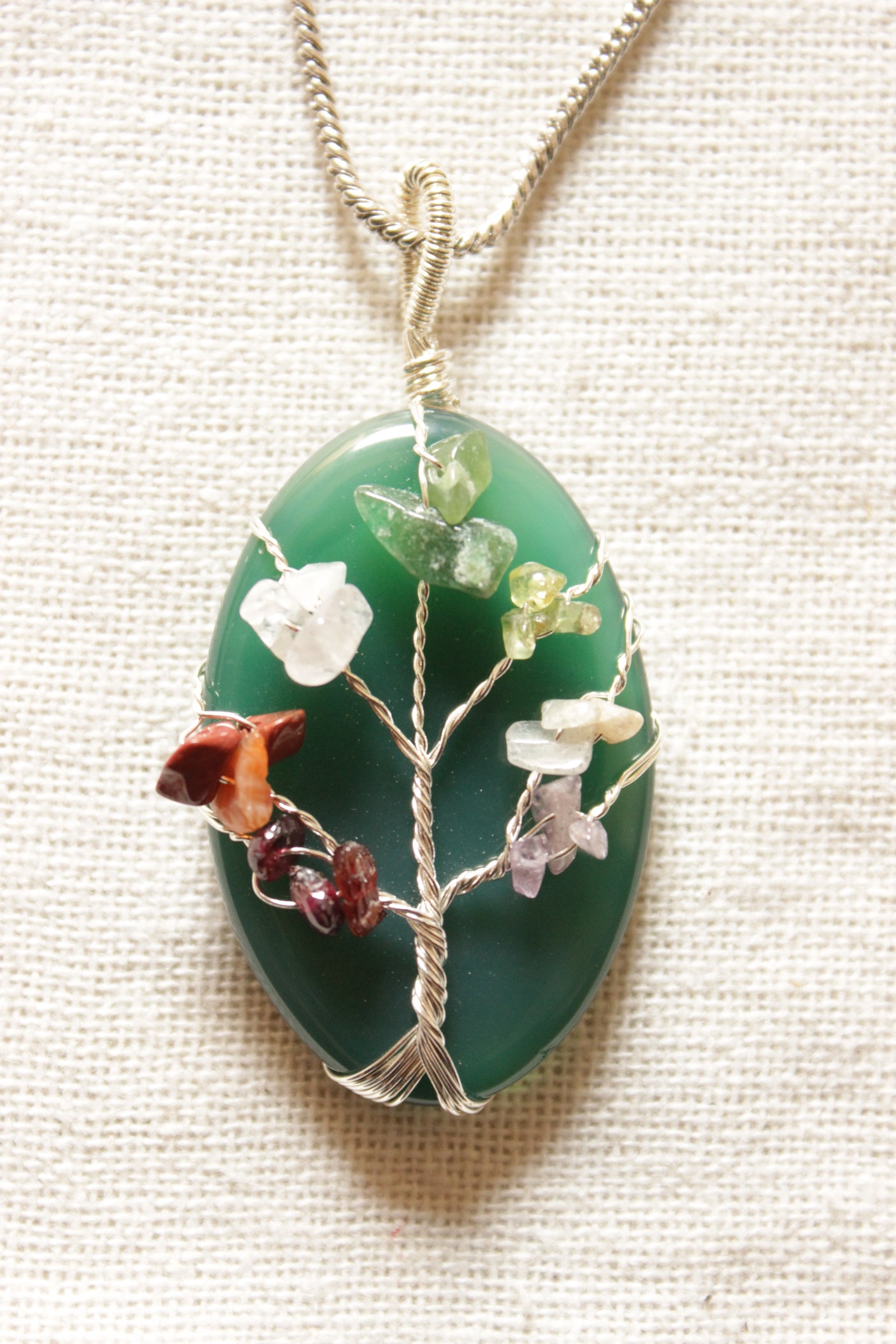 7 Chakra Tree of Life Natural Stone Beads Wrapped on Sea Green Natural Gemstone Pendant Brass Chain Necklace