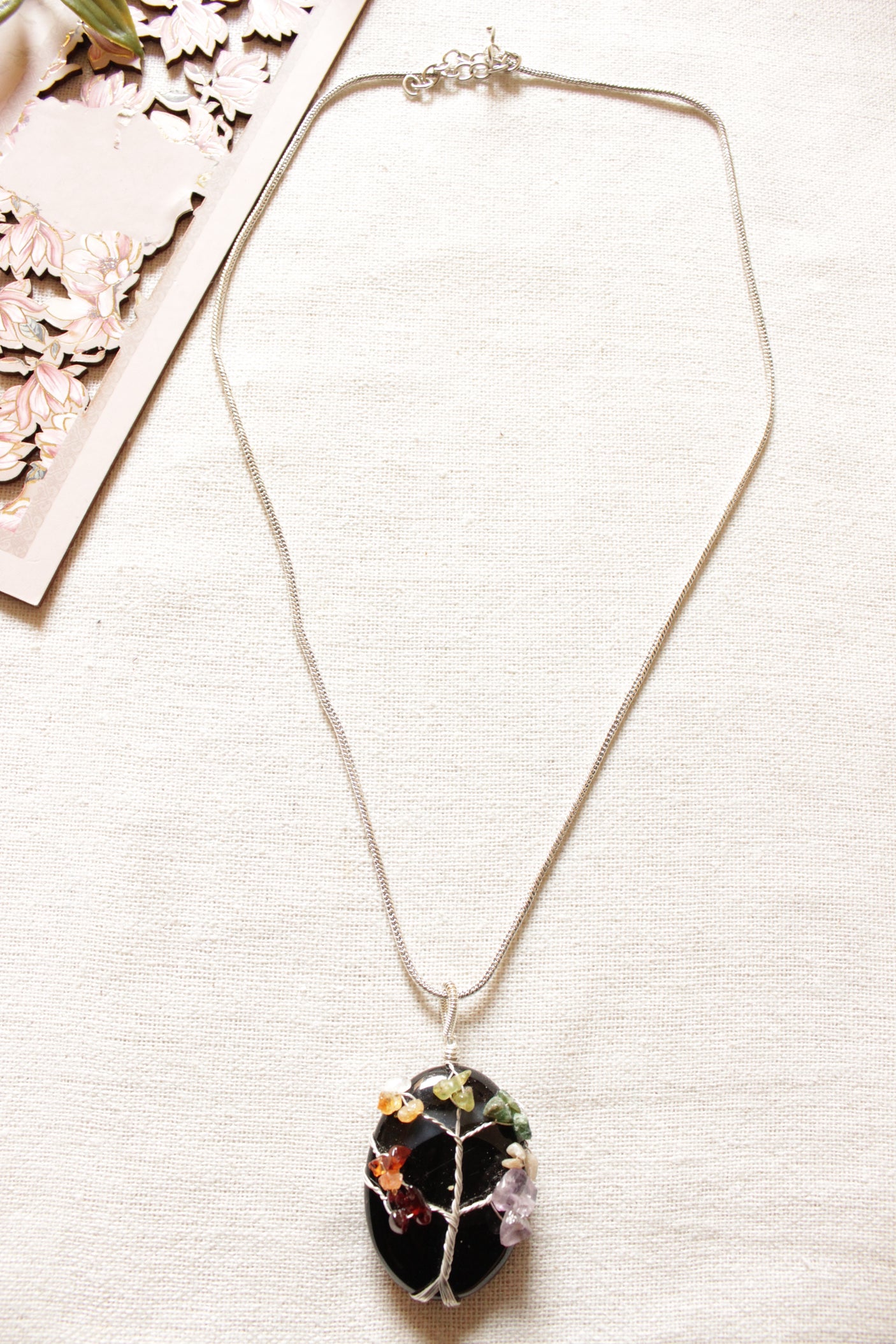 7 Chakra Tree of Life Natural Stone Beads Wrapped on Black Natural Gemstone Pendant Brass Chain Necklace