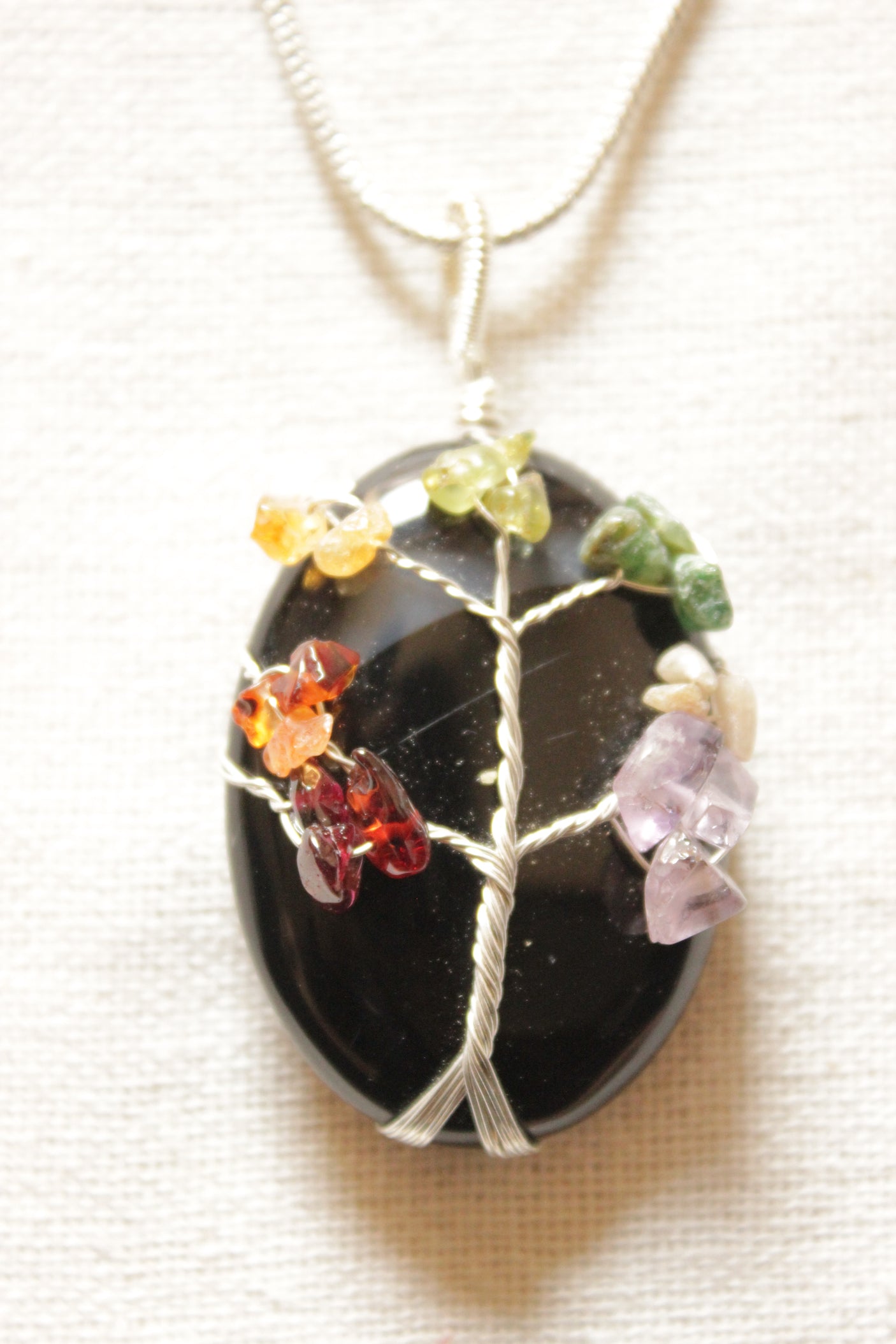 7 Chakra Tree of Life Natural Stone Beads Wrapped on Black Natural Gemstone Pendant Brass Chain Necklace