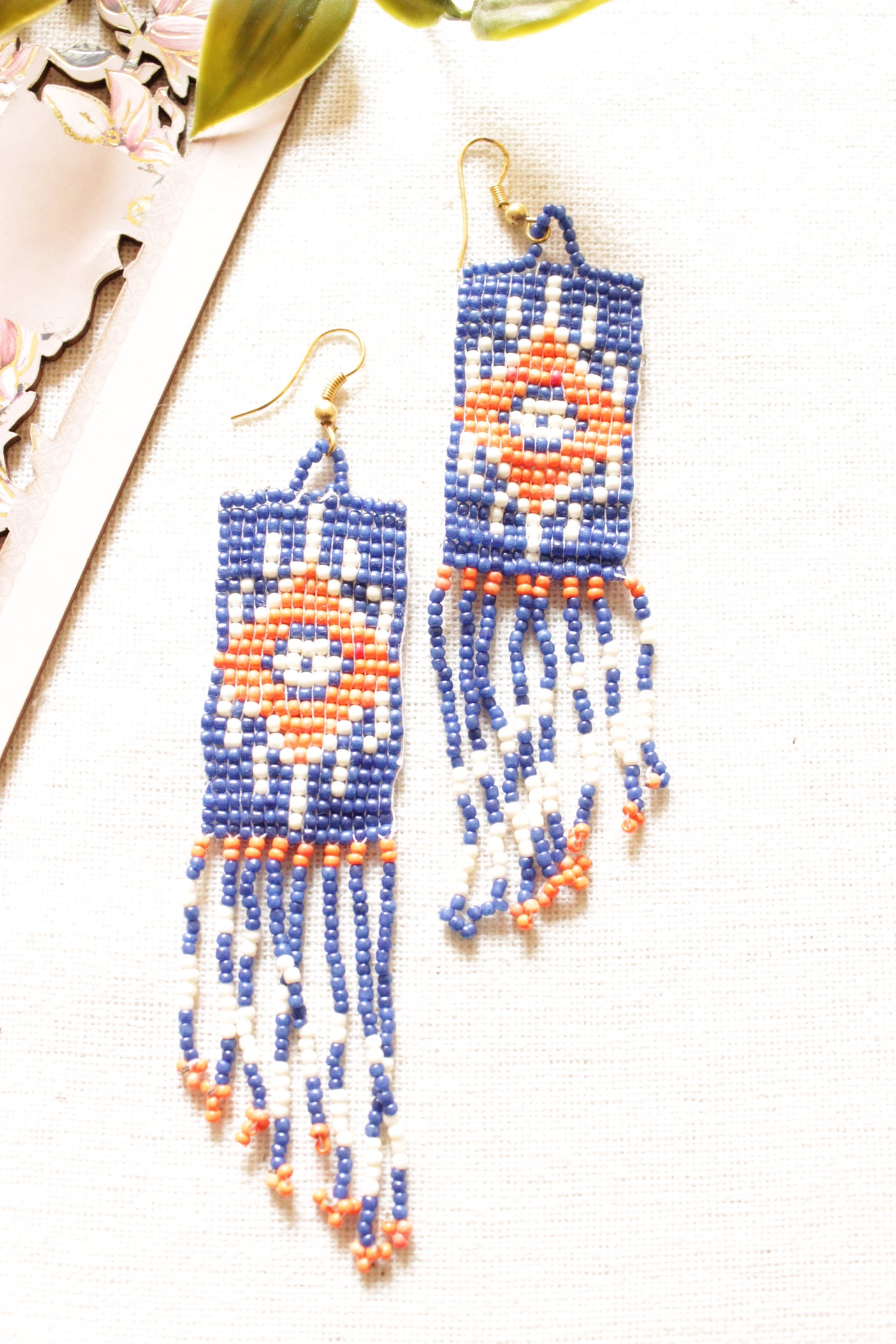 Blue and Orange Seed Beads Handmade Beaded Dangler Earrings
