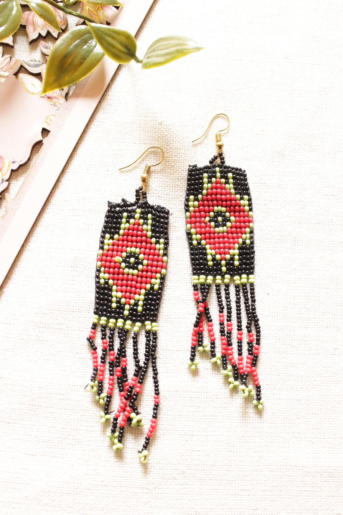 Black and Red Seed Beads Handmade Beaded Dangler Earrings