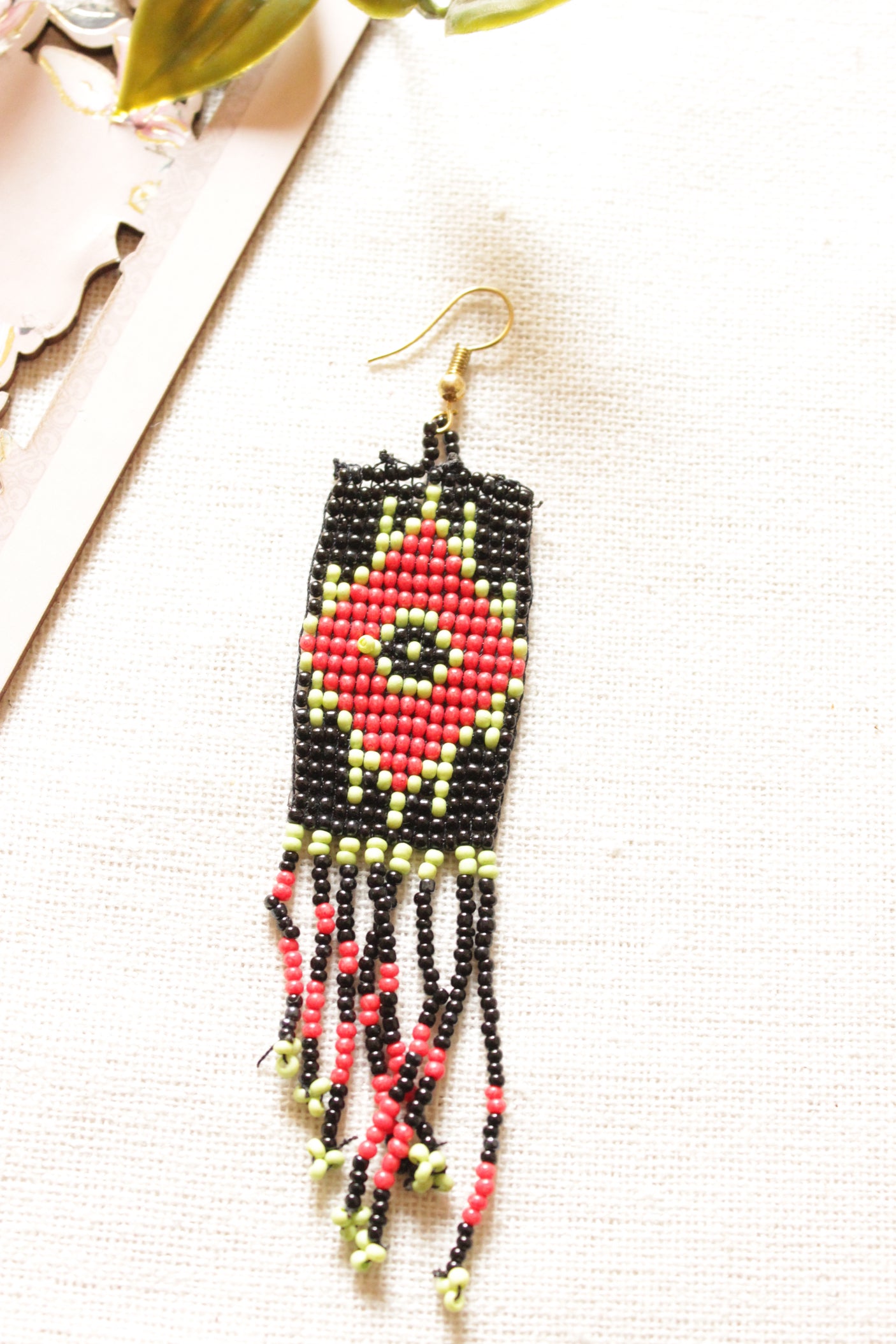 Black and Red Seed Beads Handmade Beaded Dangler Earrings