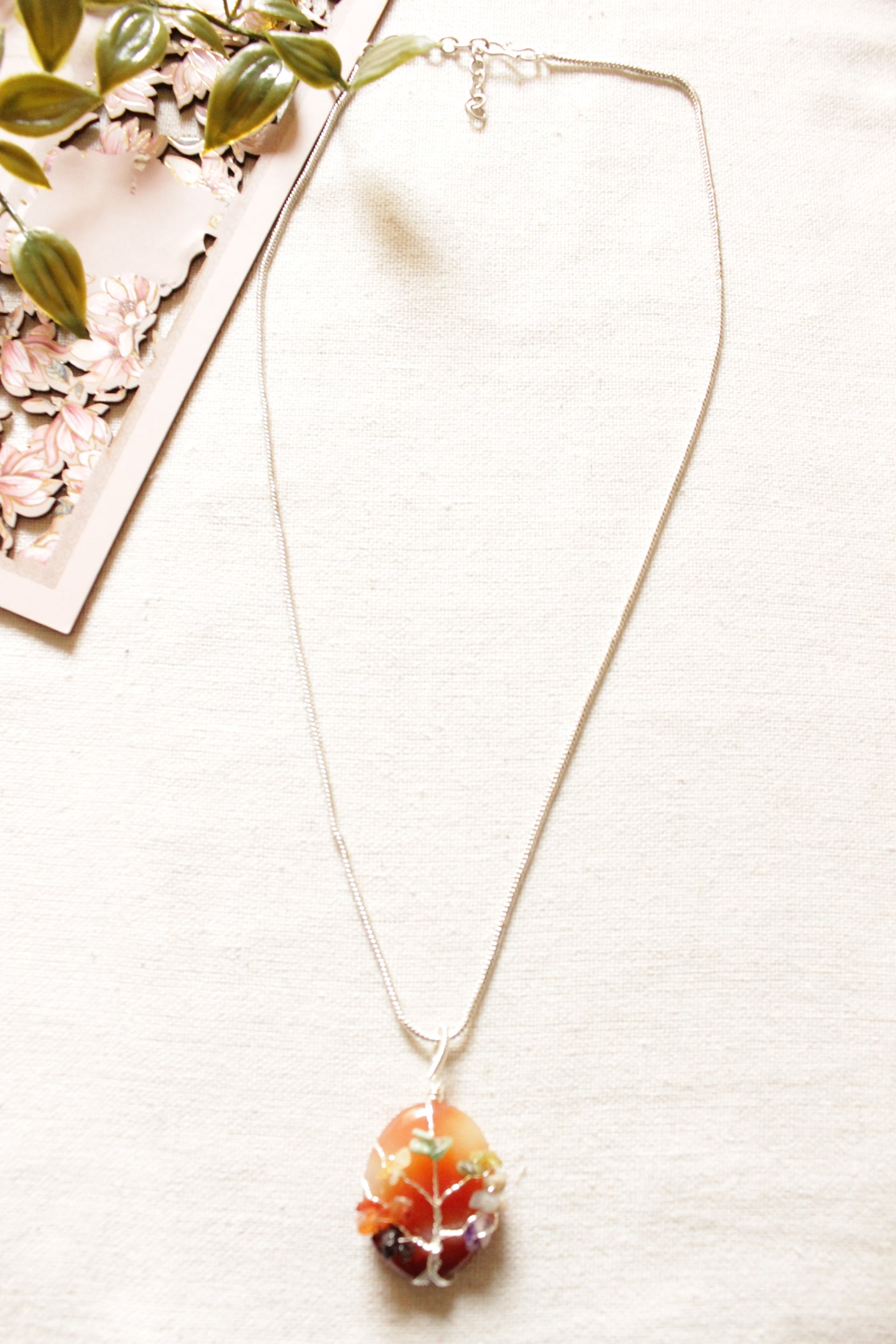 7 Chakra Tree of Life Natural Stone Beads Wrapped on Sun-Burnt Red Natural Gemstone Pendant Brass Chain Necklace