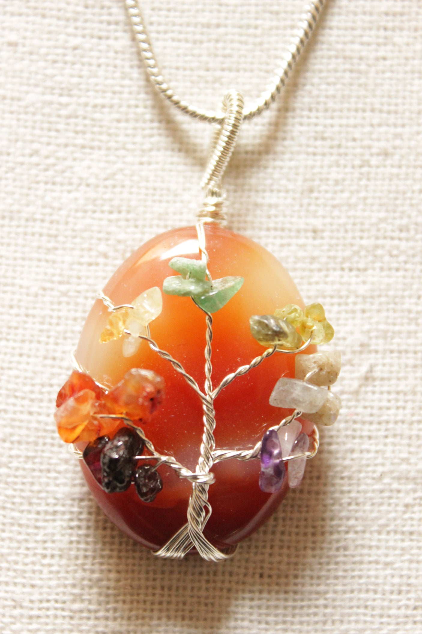 7 Chakra Tree of Life Natural Stone Beads Wrapped on Sun-Burnt Red Natural Gemstone Pendant Brass Chain Necklace