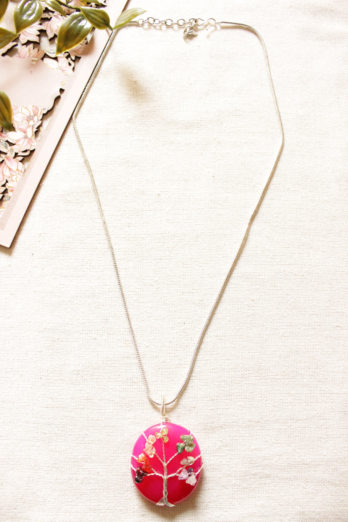 7 Chakra Tree of Life Natural Stone Beads Wrapped on Pink Natural Gemstone Pendant Brass Chain Necklace