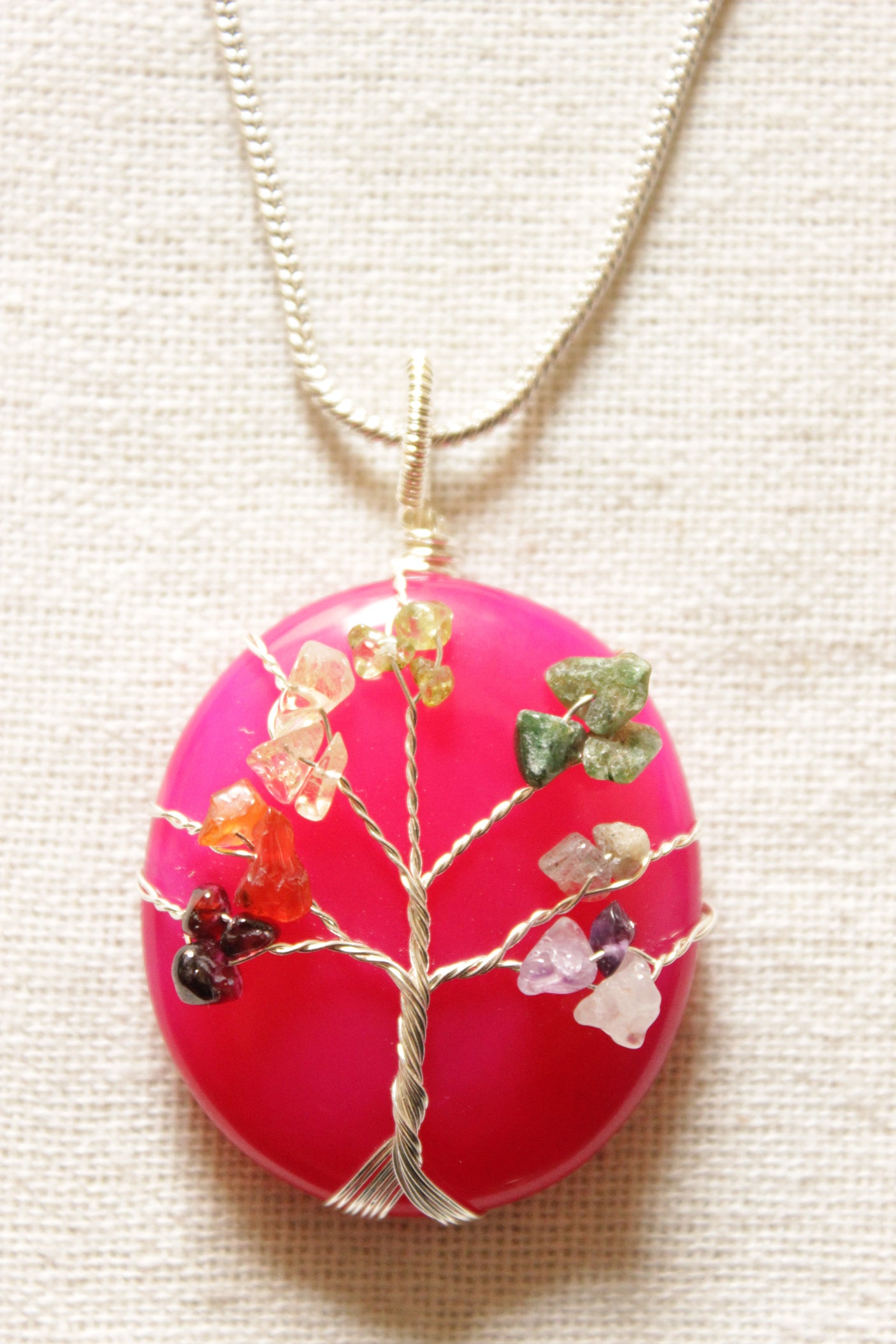 7 Chakra Tree of Life Natural Stone Beads Wrapped on Pink Natural Gemstone Pendant Brass Chain Necklace