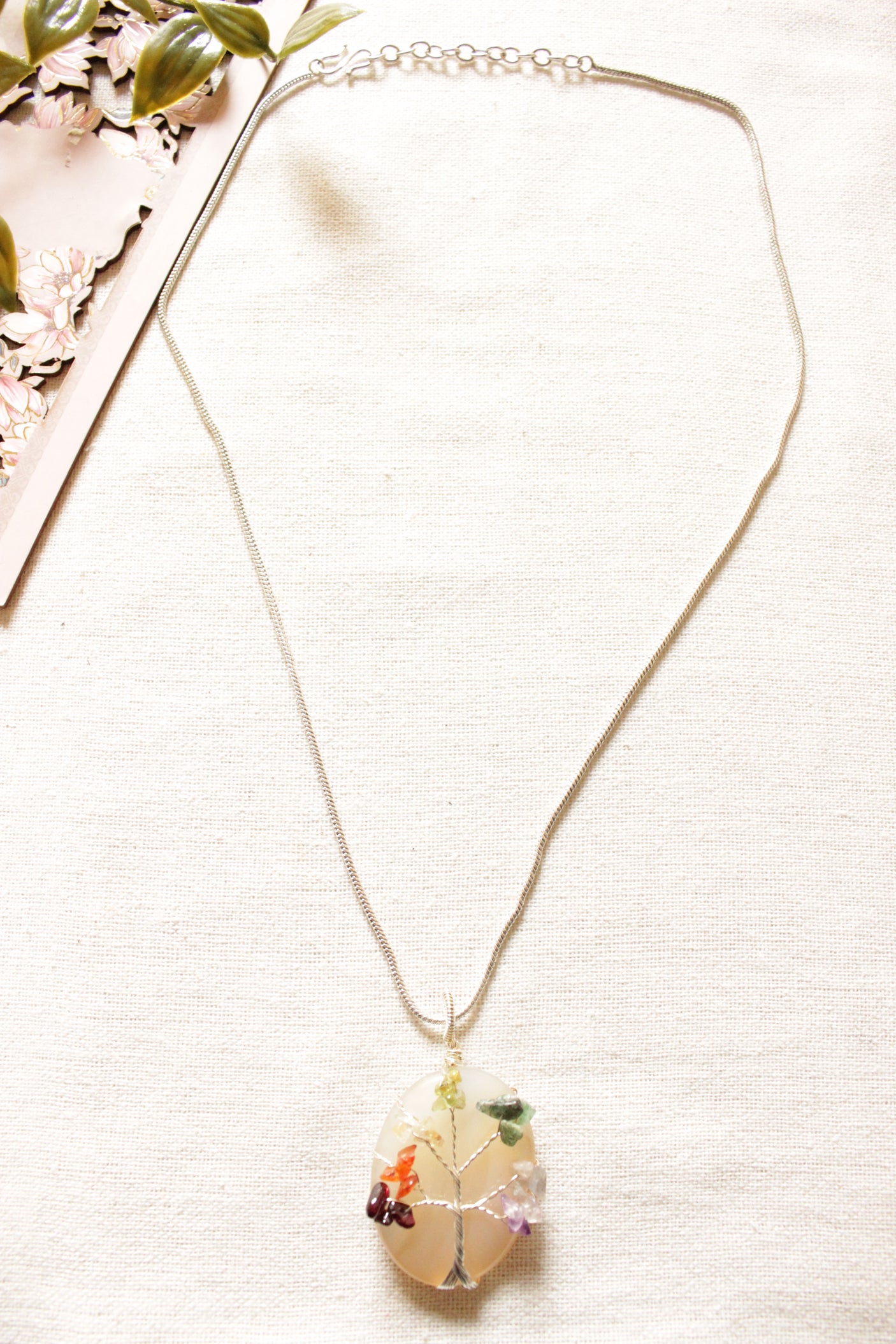 7 Chakra Tree of Life Natural Stone Beads Wrapped on Ivory Natural Gemstone Pendant Brass Chain Necklace