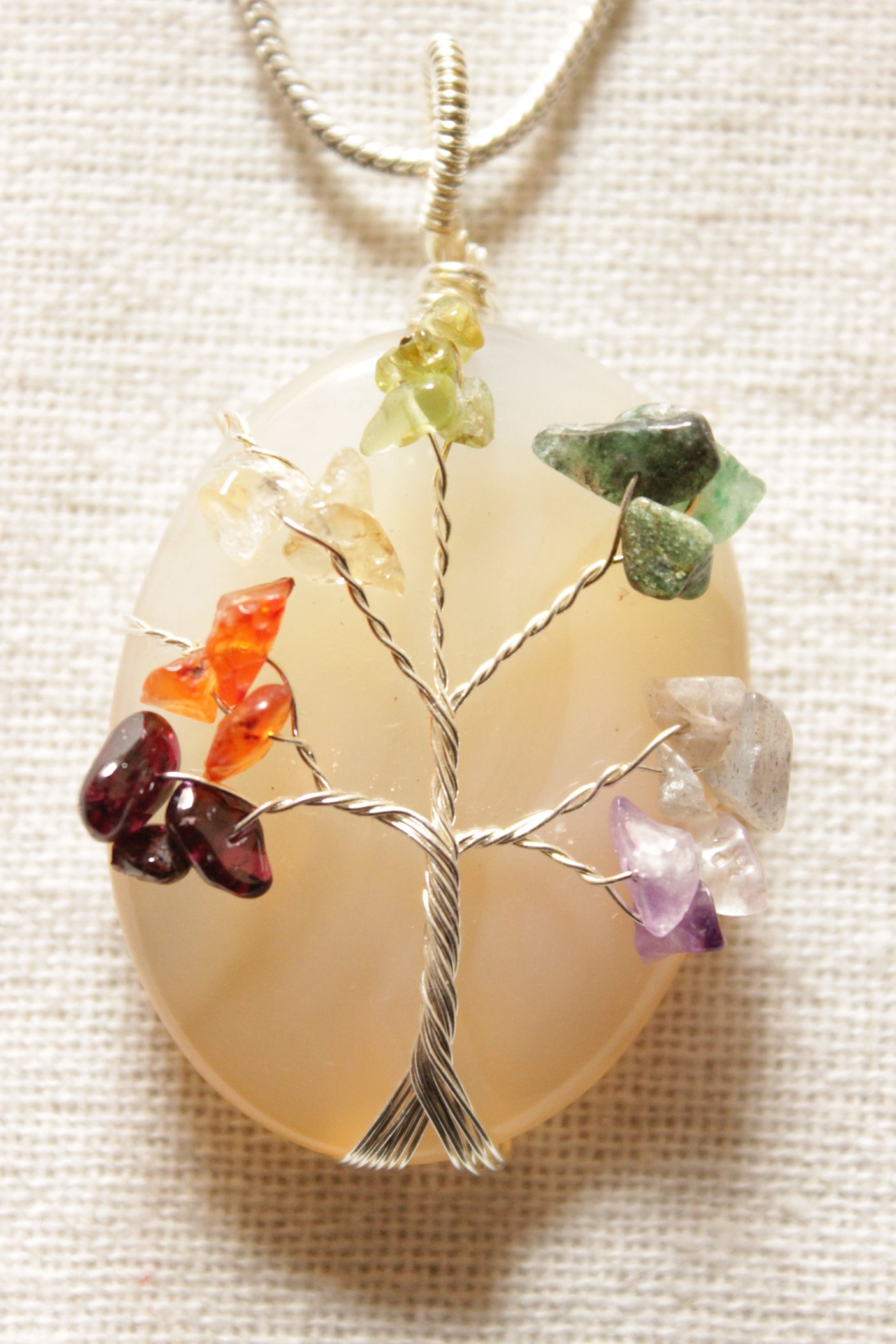 7 Chakra Tree of Life Natural Stone Beads Wrapped on Ivory Natural Gemstone Pendant Brass Chain Necklace