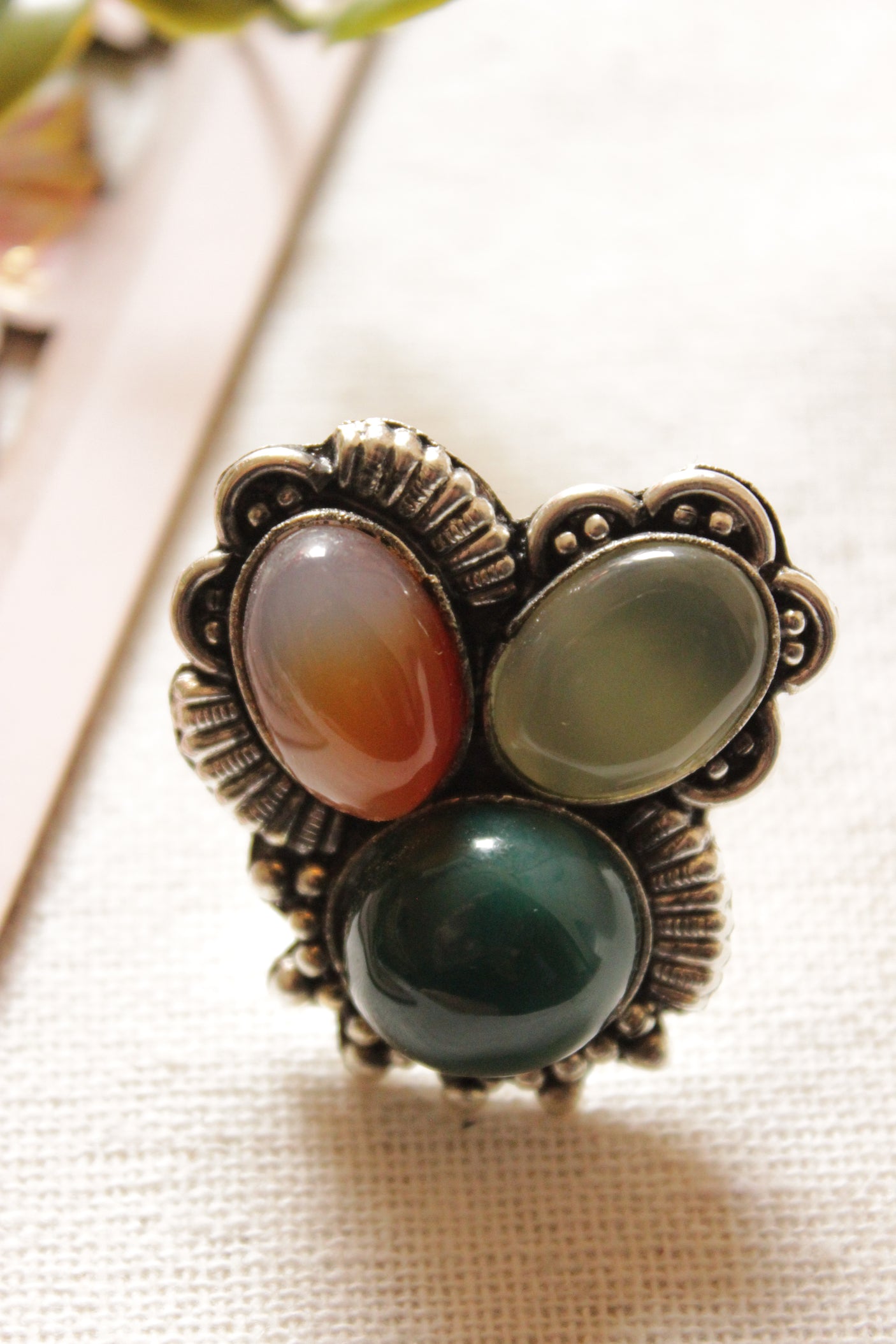Multi-Color Gold Gemstones Embedded Oxidised Finish Adjustable Ring