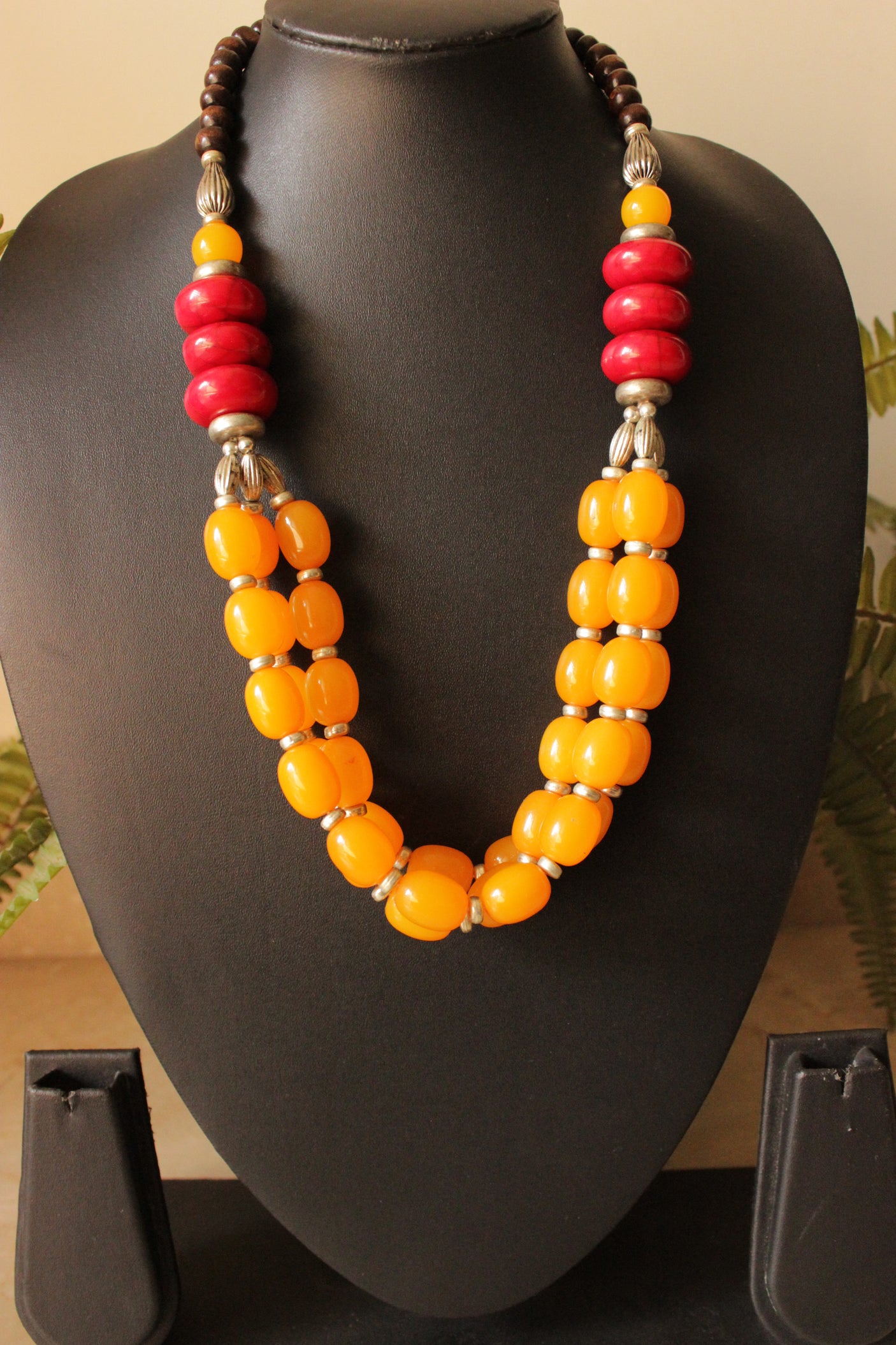 Yellow and Red Brass and Resin Beads Necklace