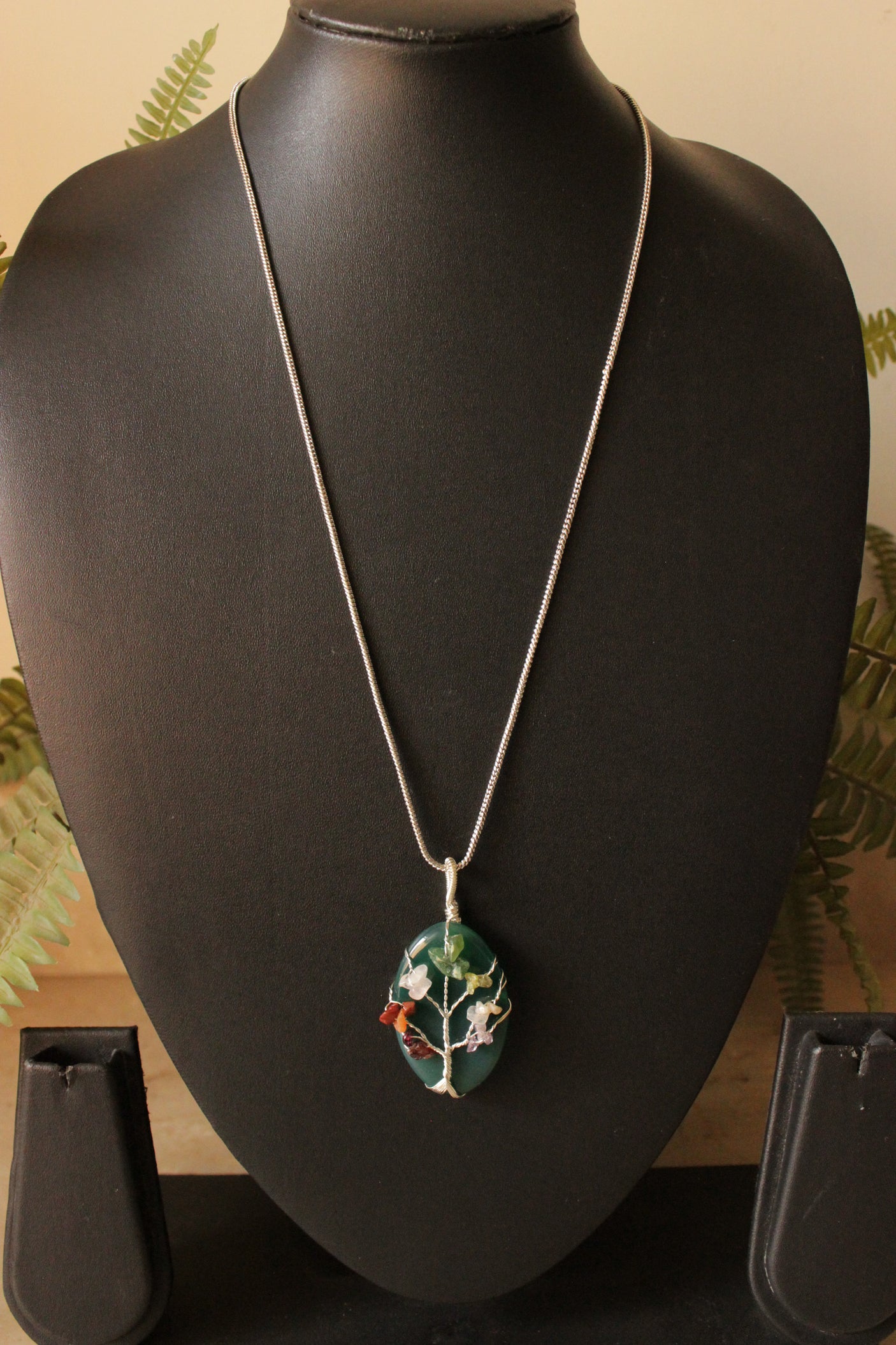 7 Chakra Tree of Life Natural Stone Beads Wrapped on Sea Green Natural Gemstone Pendant Brass Chain Necklace