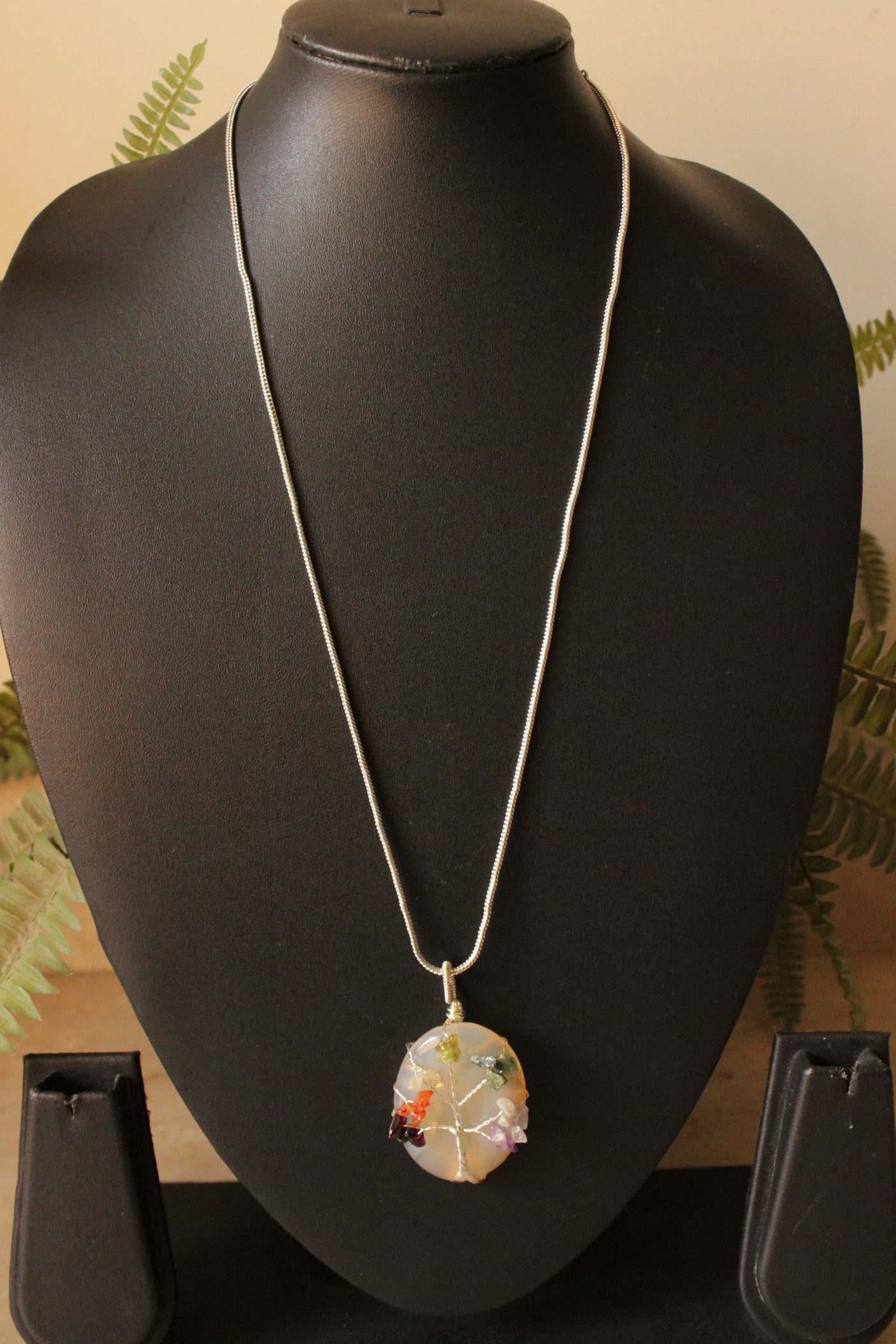 7 Chakra Tree of Life Natural Stone Beads Wrapped on Ivory Natural Gemstone Pendant Brass Chain Necklace